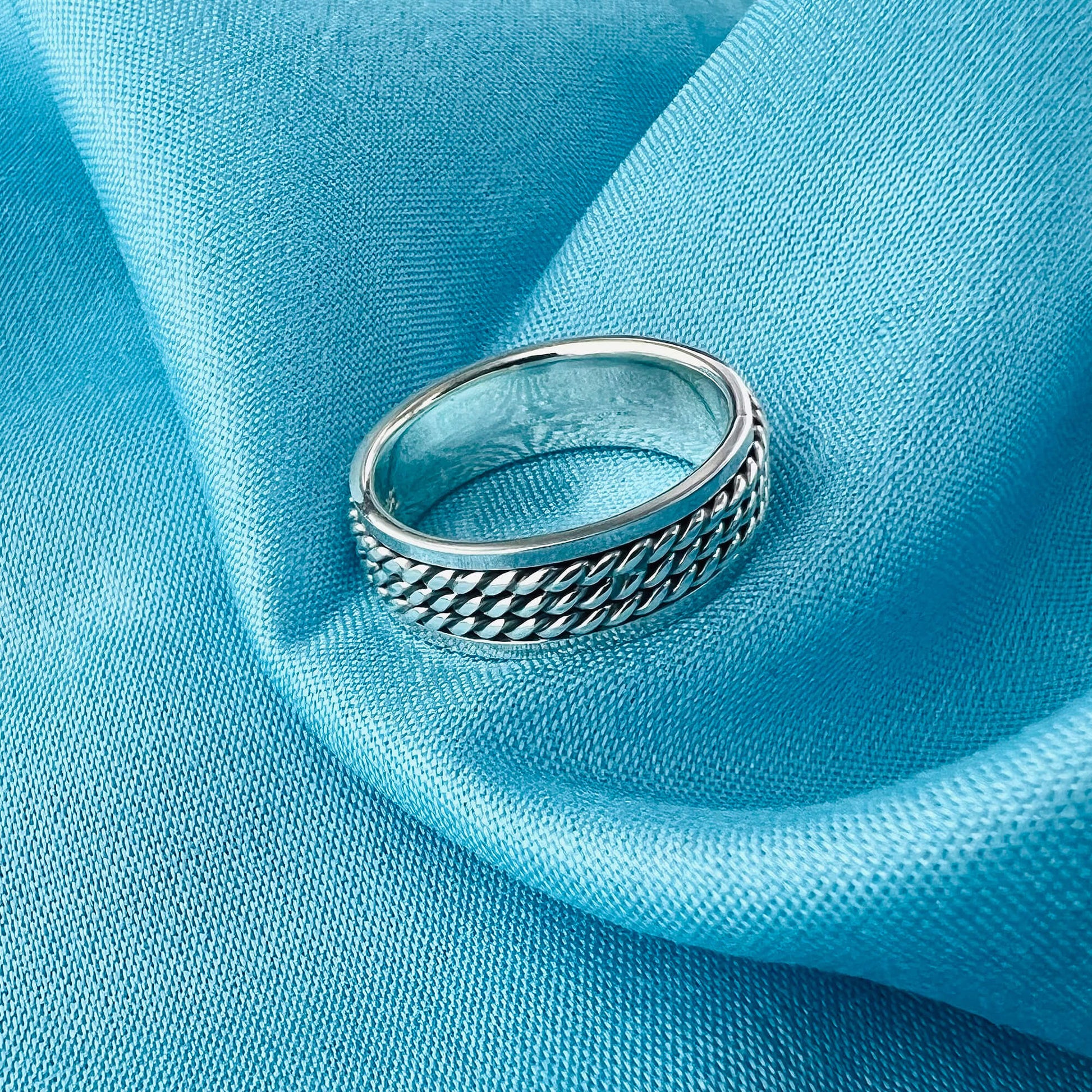 Men's Two Ropes and Spinner 925 Silver Boho Band Fidget Ring - Gem Avenue