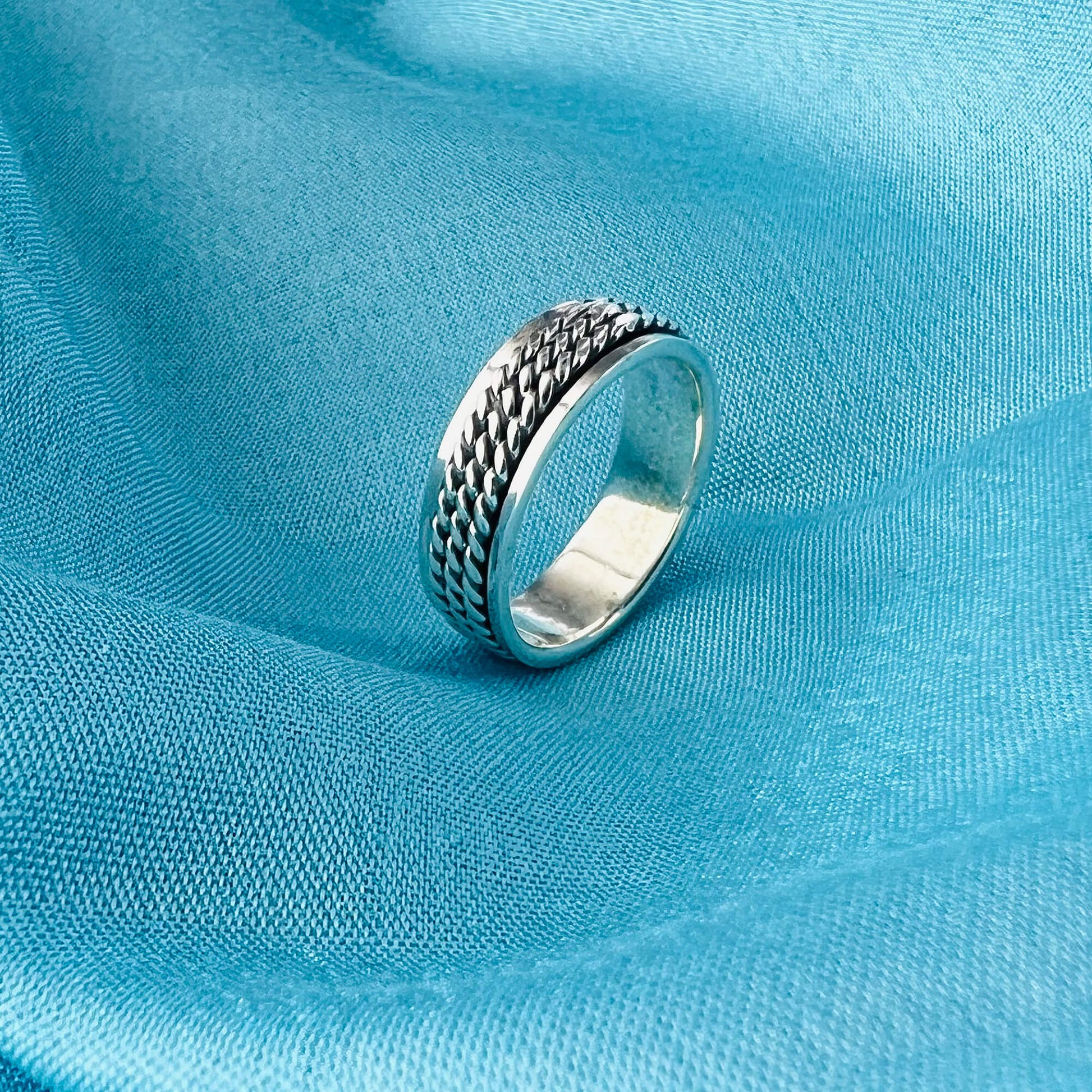 Men's Two Ropes and Spinner 925 Silver Boho Band Fidget Ring - Gem Avenue