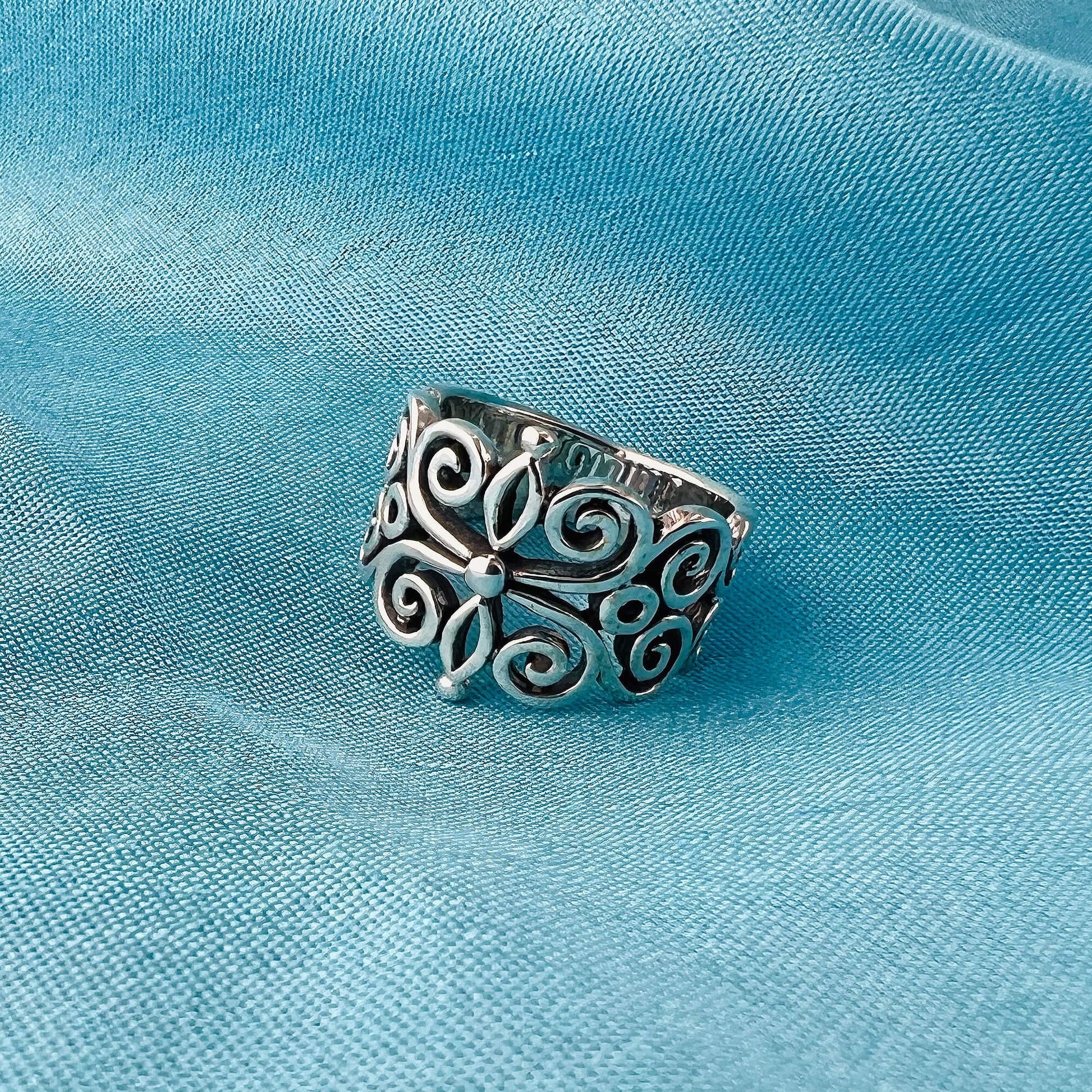 925 Sterling Silver Boho Floral Filigree Vintage Ring