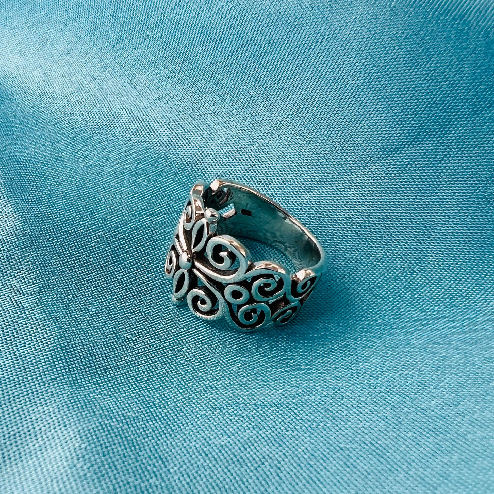 925 Sterling Silver Boho Floral Filigree Vintage Ring