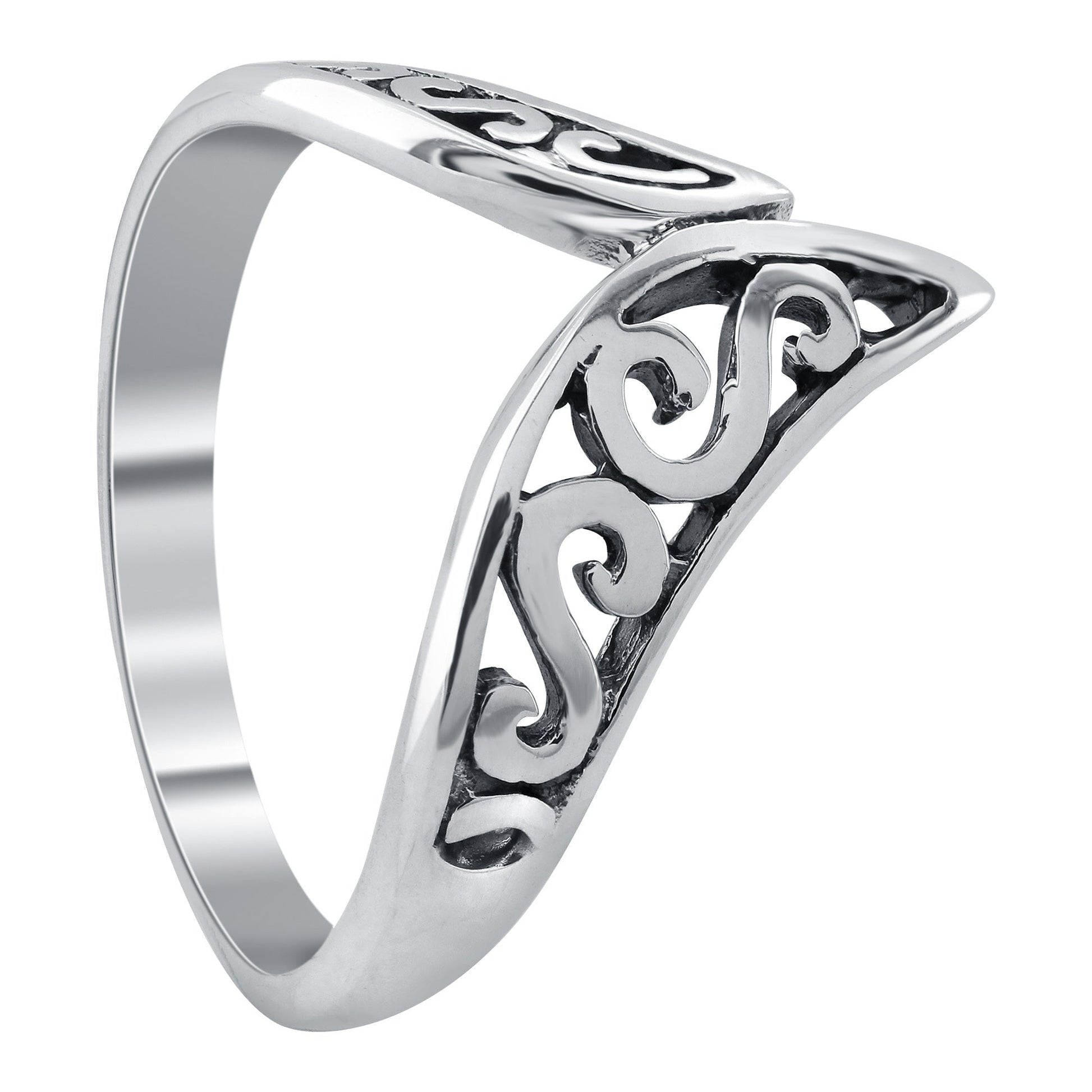 Filigree Chevron Midi V Band 925 Sterling Silver Ring - Gem Avenue