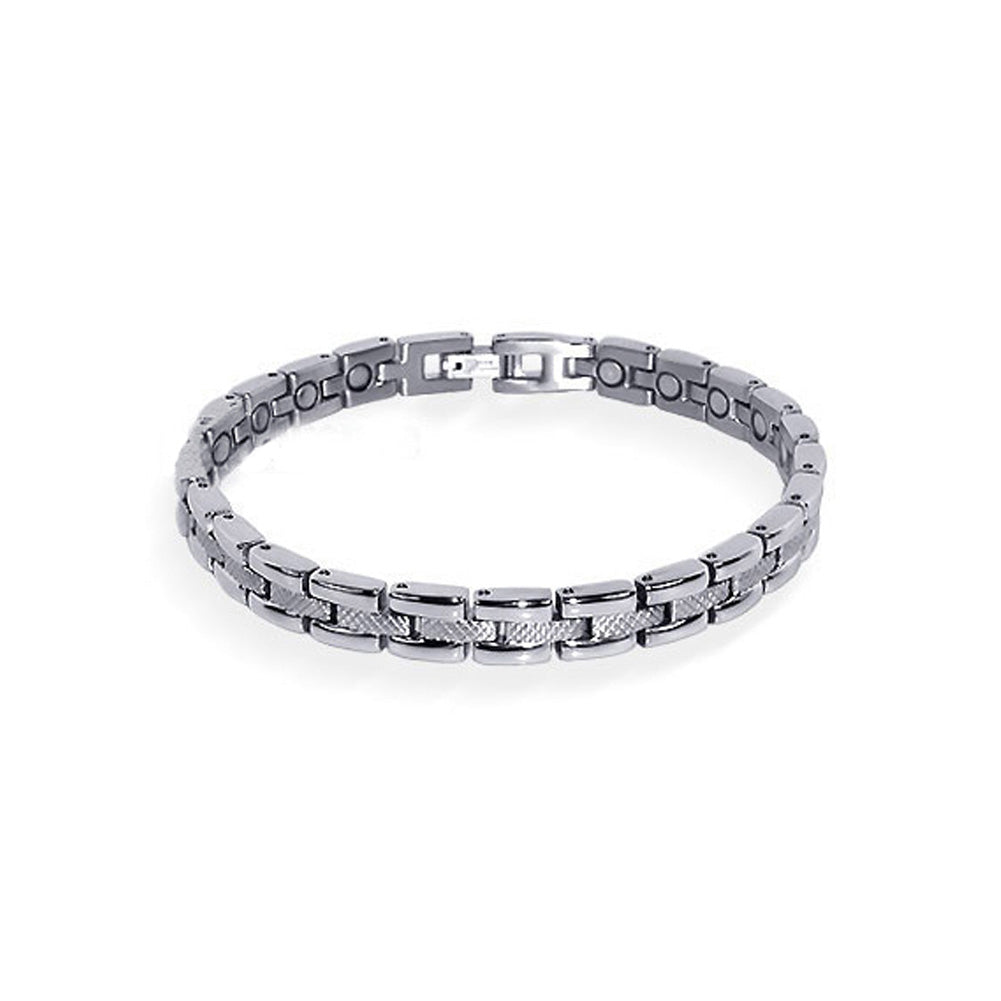 Magnetic Link Textured Silver Bracelet 7.5 " Long with Fold over Clasp - Gem Avenue