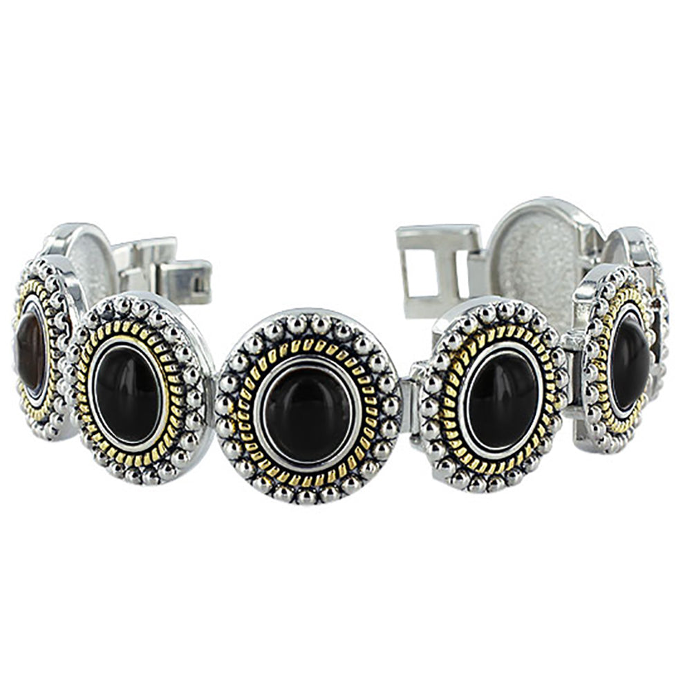 Silver Tone Oval Black Onyx Magnetic Link Bracelet 7.25 inch – Gem