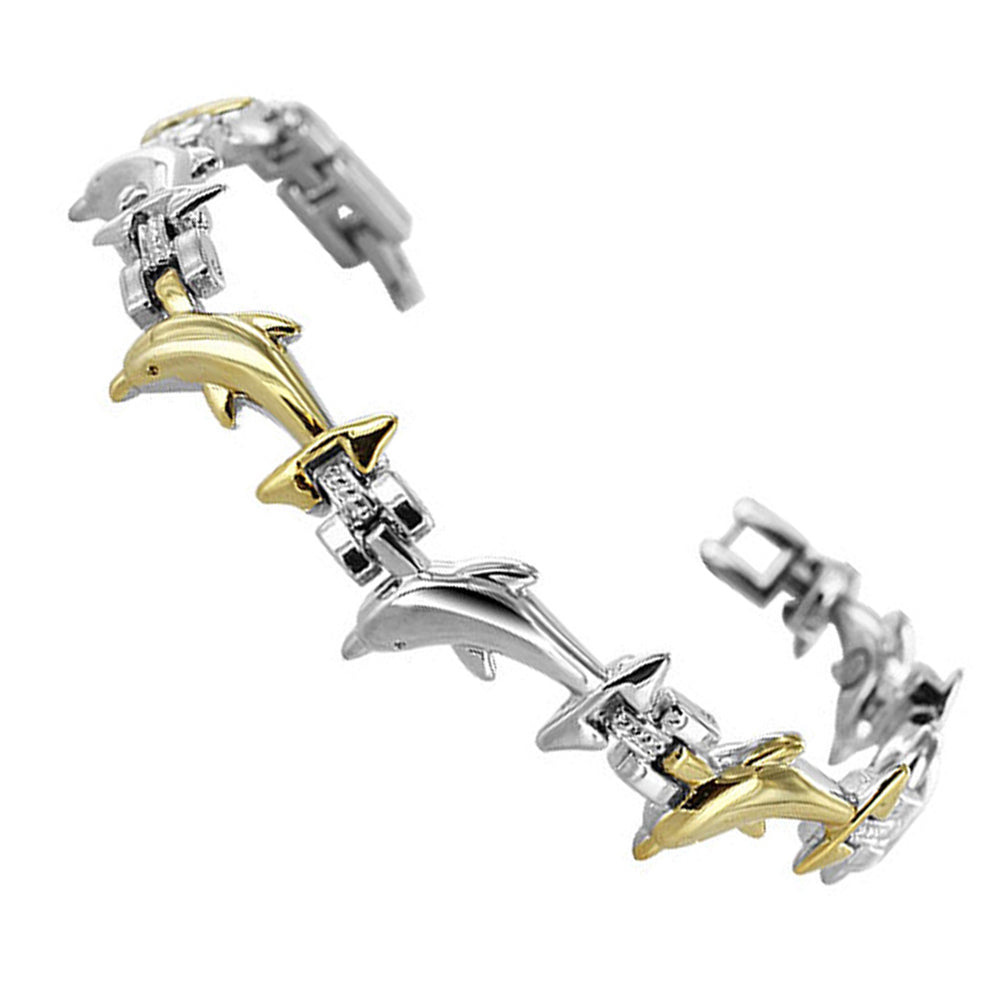 11mm wide Two Tone Adorable Dolphin Magnetic Link Bracelet 7 inch Long - Gem Avenue