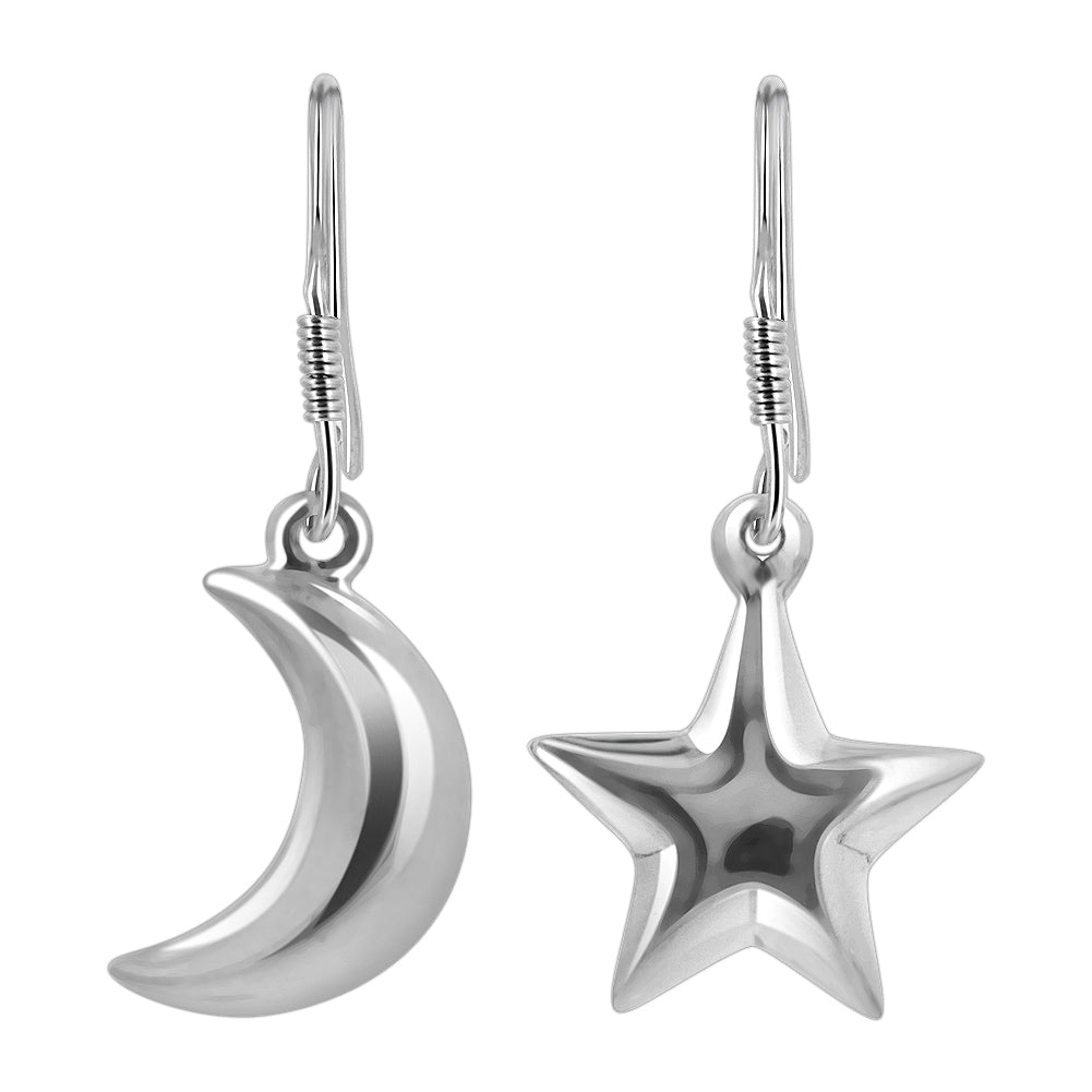 925 Sterling Silver Crescent Moon and Star French Wire Dangle Earrings for Women - Gem Avenue