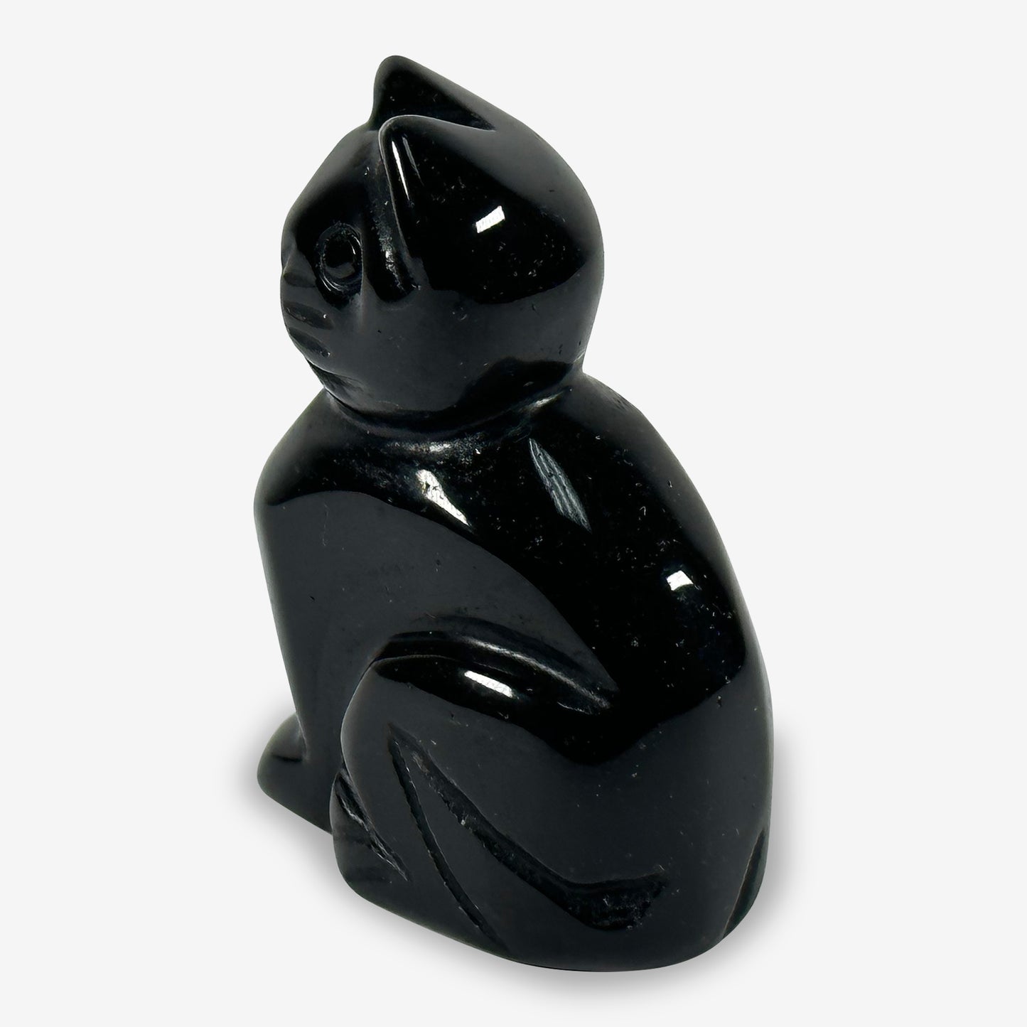 Hand-Carved Black Obsidian Cat Gemstone Animal Carving - Gem Avenue