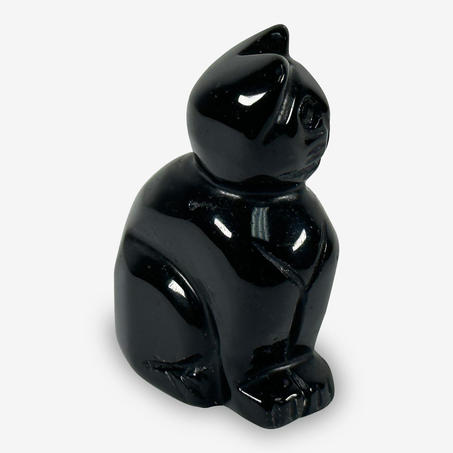 Hand-Carved Black Obsidian Cat Gemstone Animal Carving - Gem Avenue