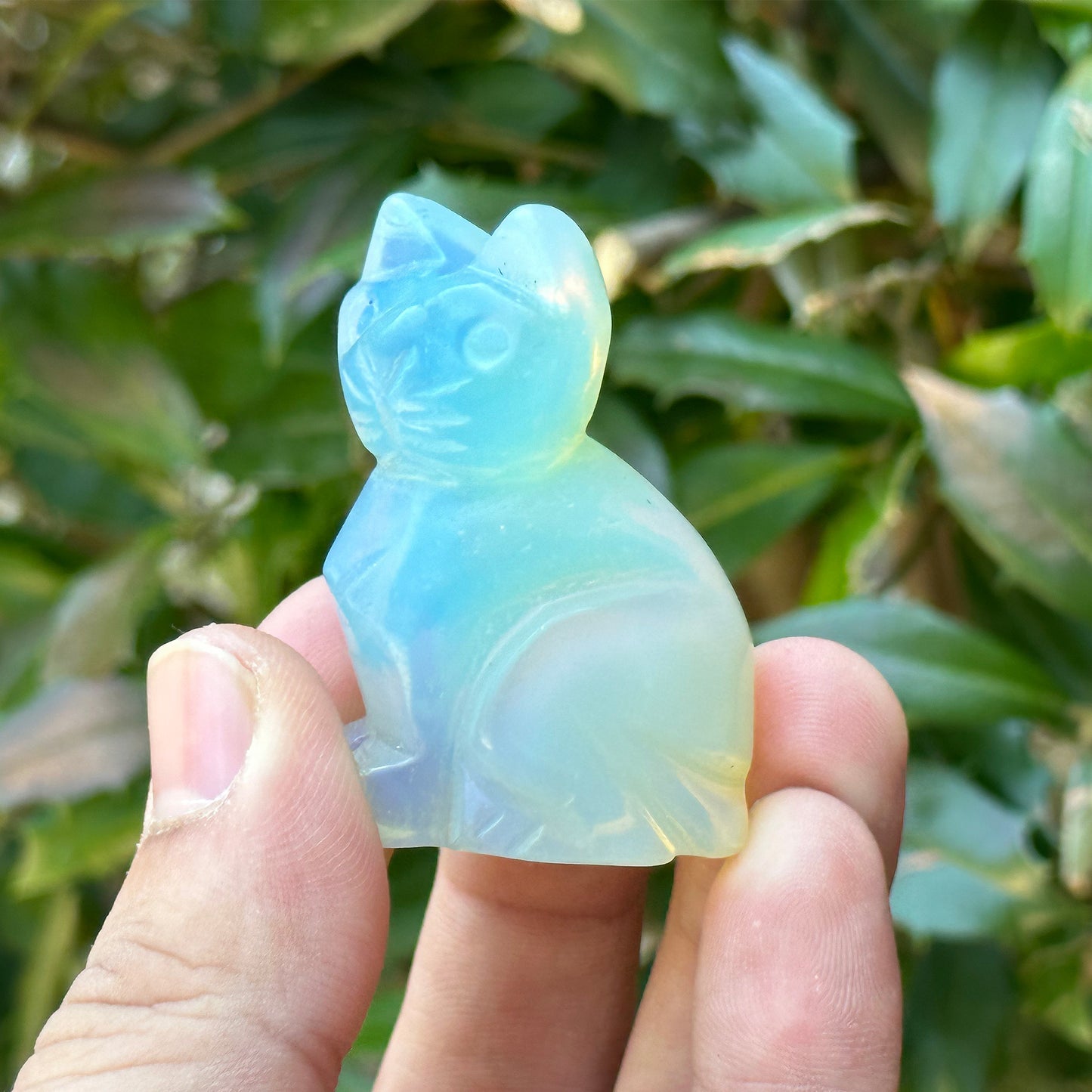 Hand-Carved Opalite Cat Gemstone Animal Carving - Gem Avenue