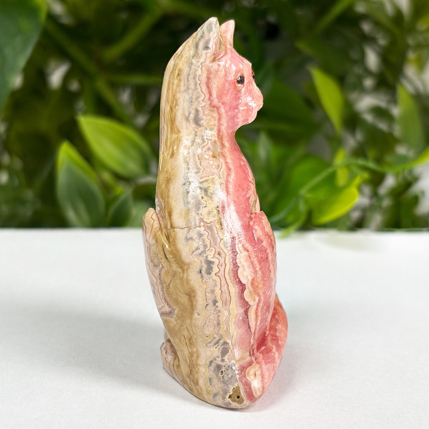 Hand-Carved Rhodochrosite Cat Gemstone Animal Carving - Gem Avenue