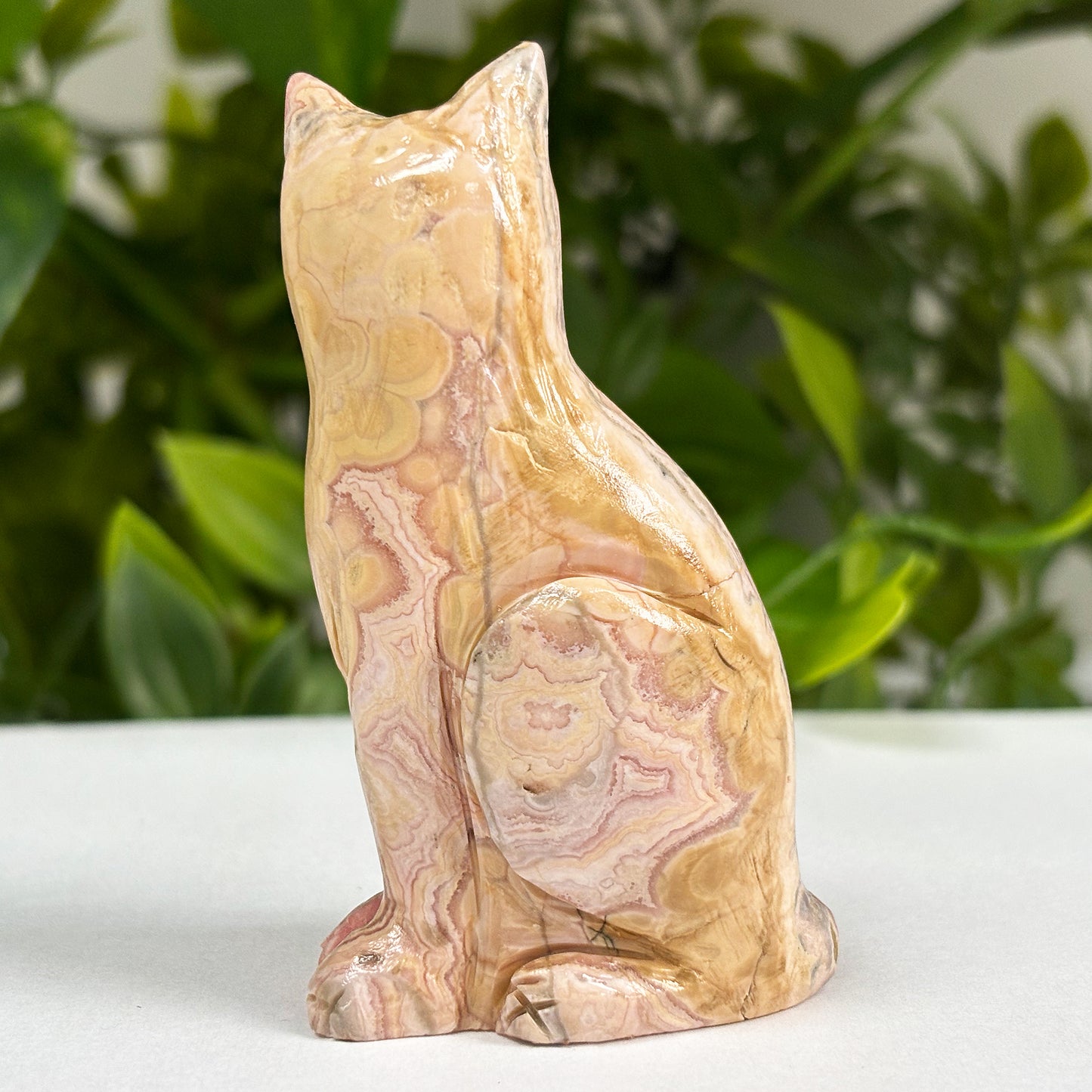 Hand-Carved Rhodochrosite Cat Gemstone Animal Carving - Gem Avenue