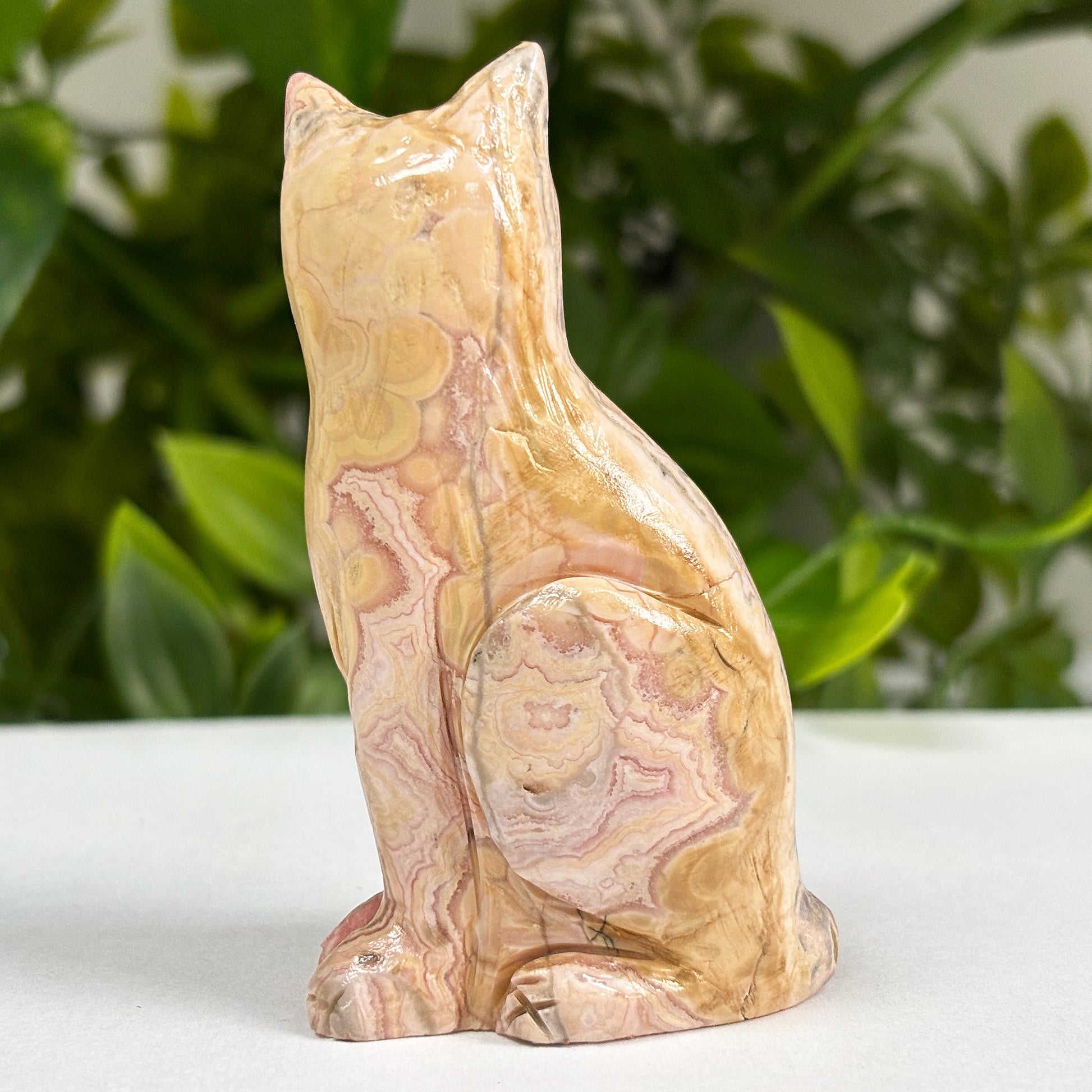Hand-Carved Rhodochrosite Cat Gemstone Animal Carving - Gem Avenue