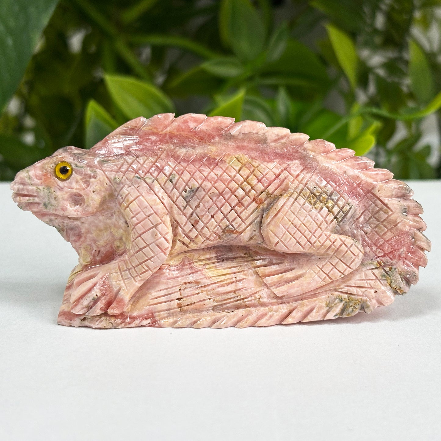 Hand-Carved Rhodochrosite Iguana Gemstone Animal Carving - Gem Avenue
