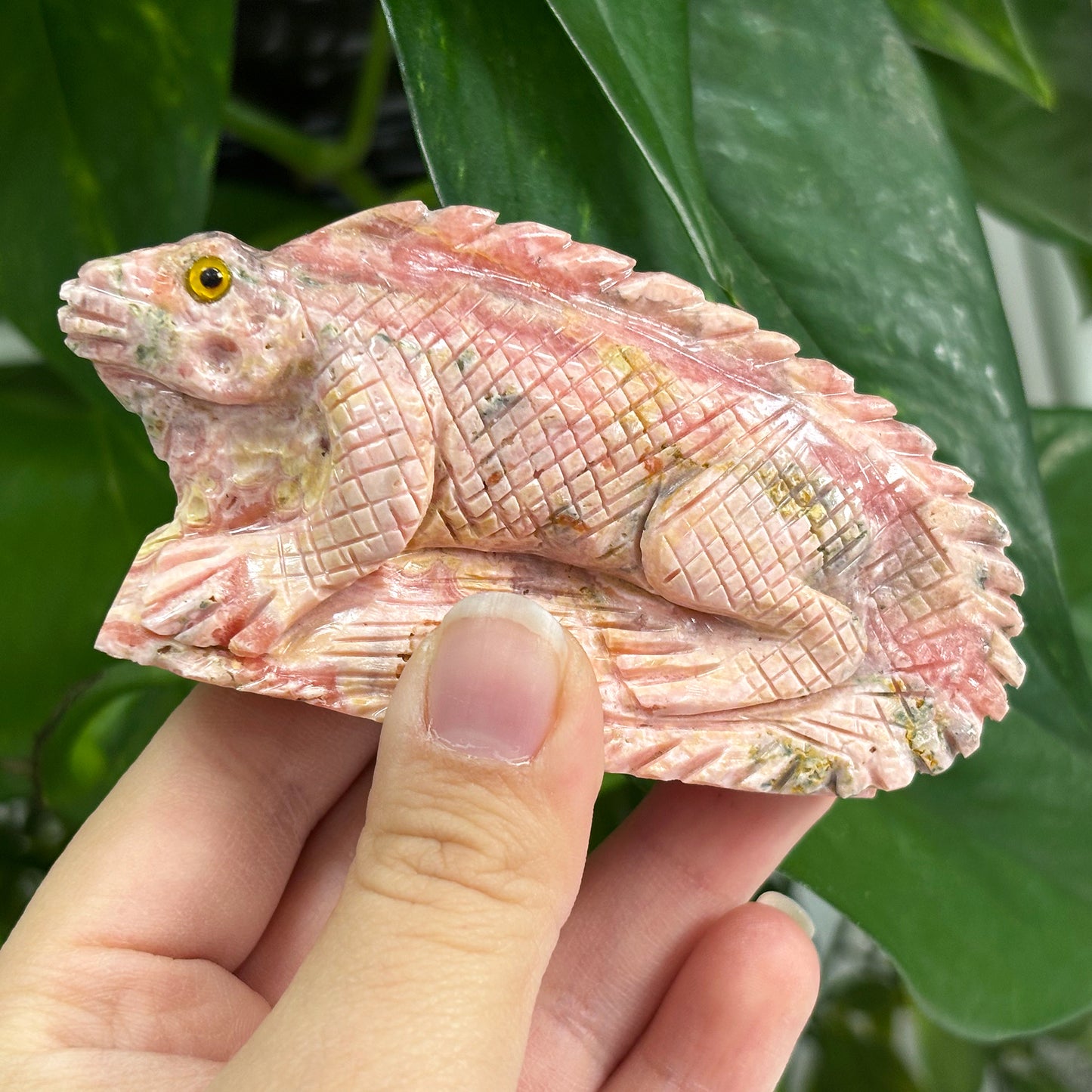 Hand-Carved Rhodochrosite Iguana Gemstone Animal Carving - Gem Avenue