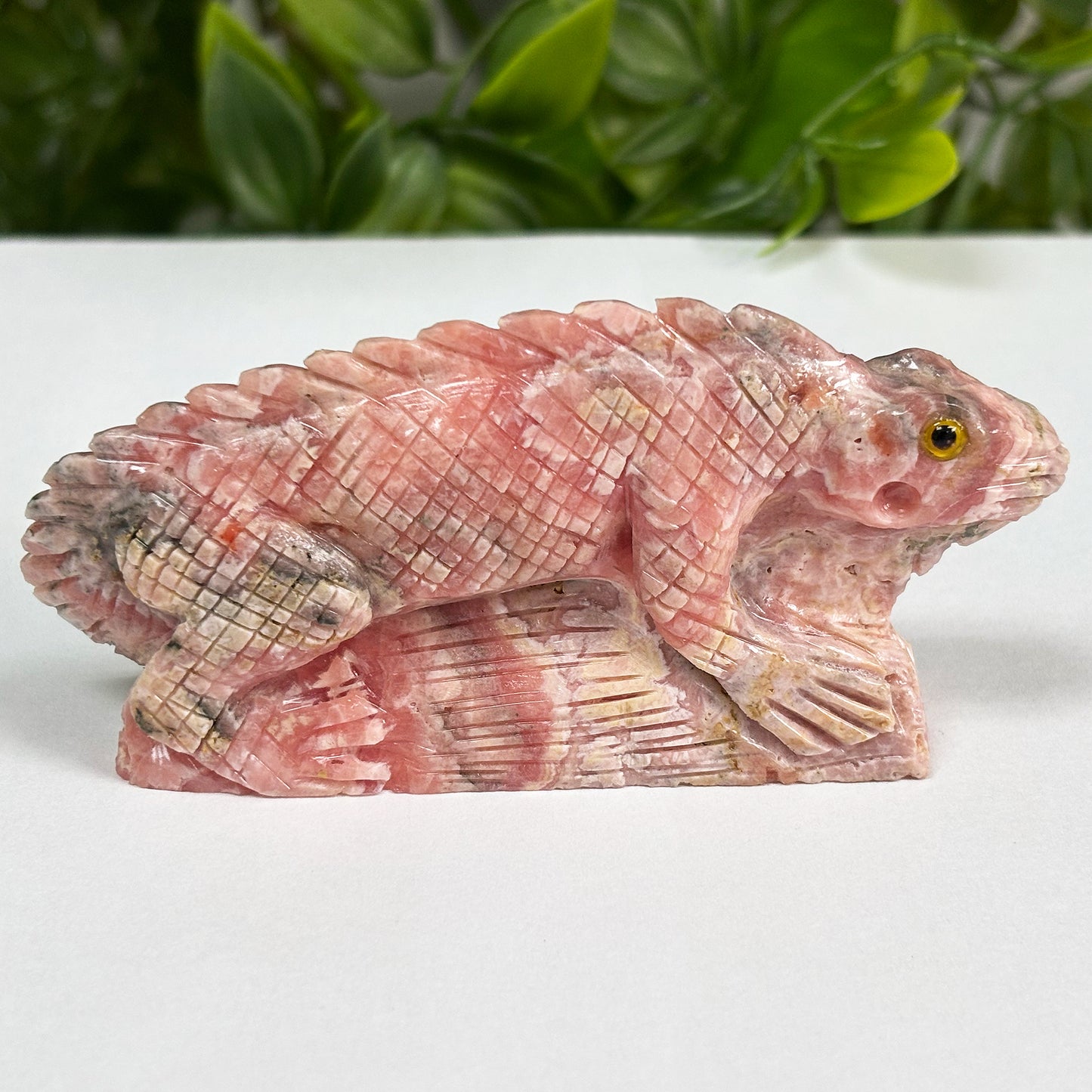 Hand-Carved Rhodochrosite Iguana Gemstone Animal Carving - Gem Avenue