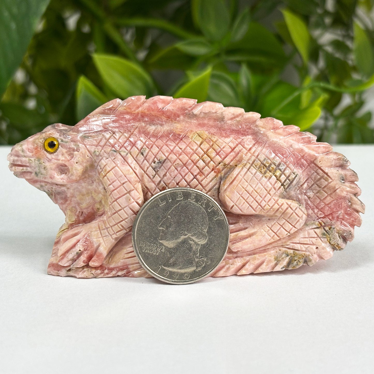 Hand-Carved Rhodochrosite Iguana Gemstone Animal Carving - Gem Avenue