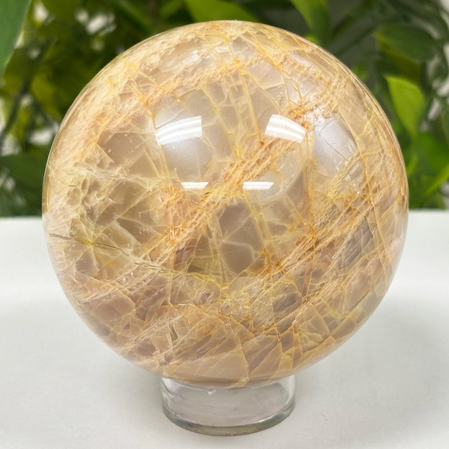 Polished Moonstone Sphere Natural gemstone for intuition, feminine energy, meditation, spiritual balance, and home decor. Smooth, luminous, and perfect for display.