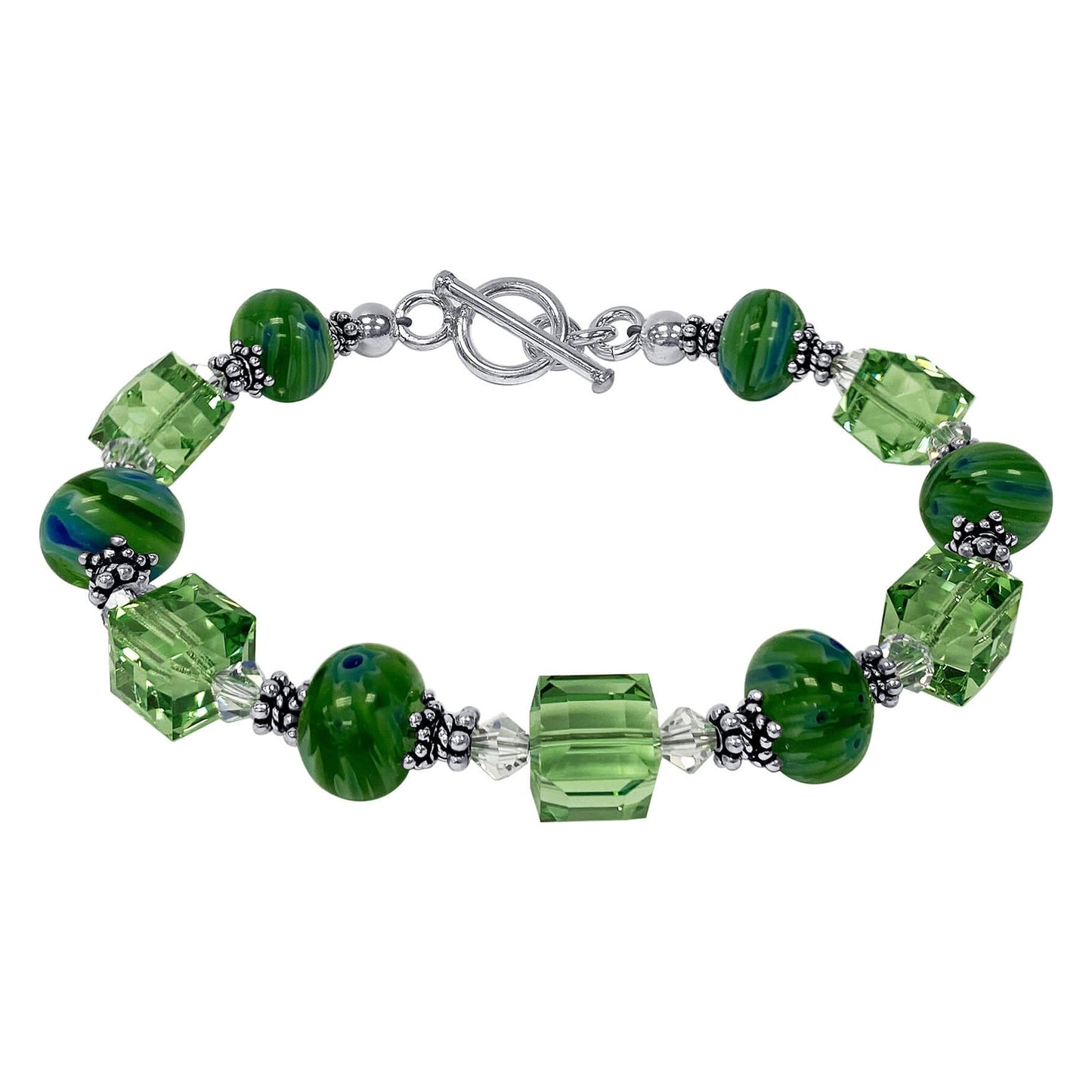 Green Millefiori Glass & Austrian Crystals 925 Sterling Silver Bracelet - Gem Avenue