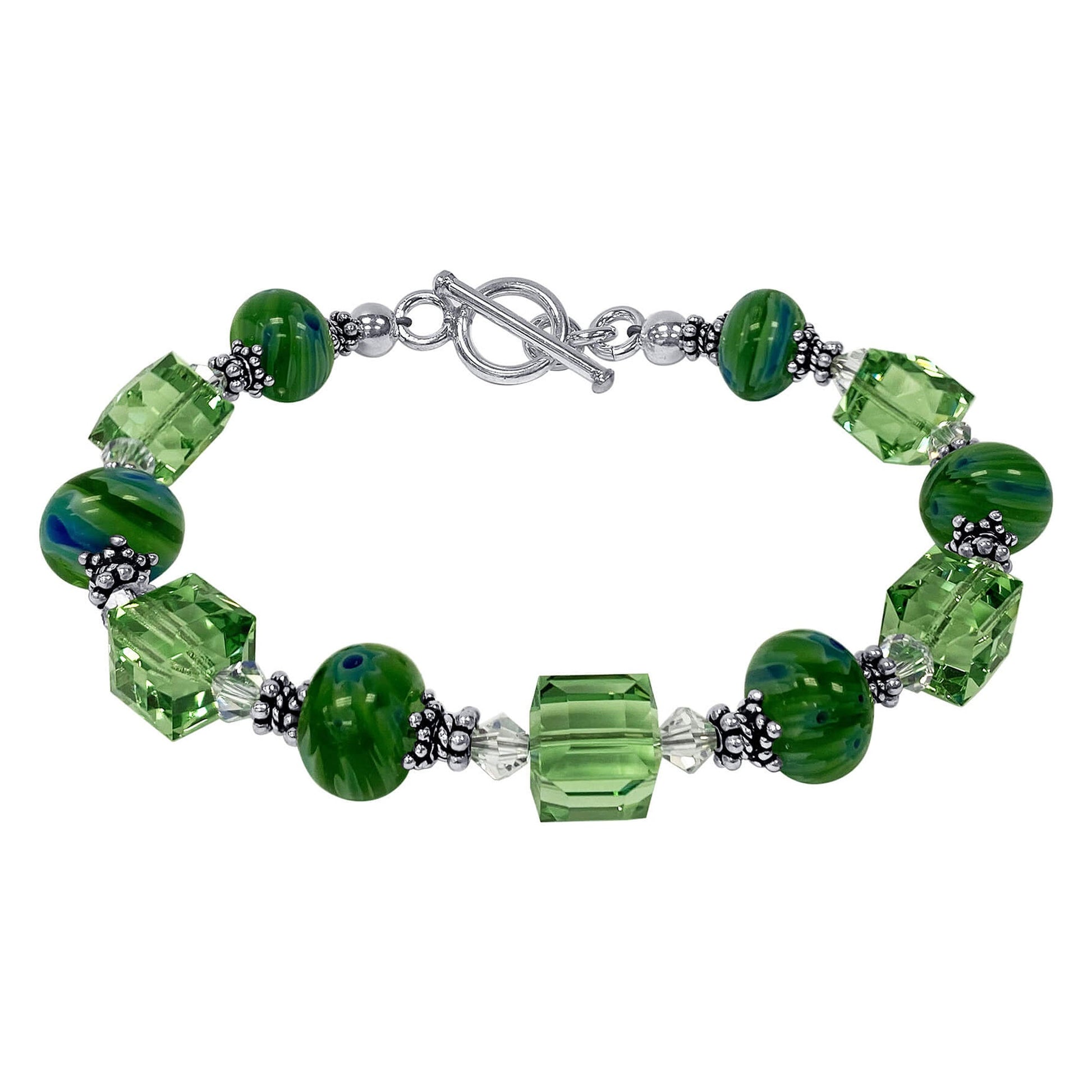 Green Millefiori Glass & Austrian Crystals 925 Sterling Silver Bracelet - Gem Avenue