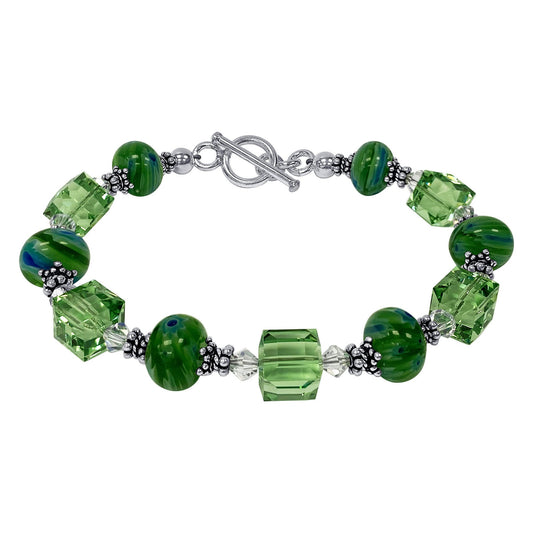 Green Millefiori Glass & Austrian Crystals 925 Sterling Silver Bracelet - Gem Avenue
