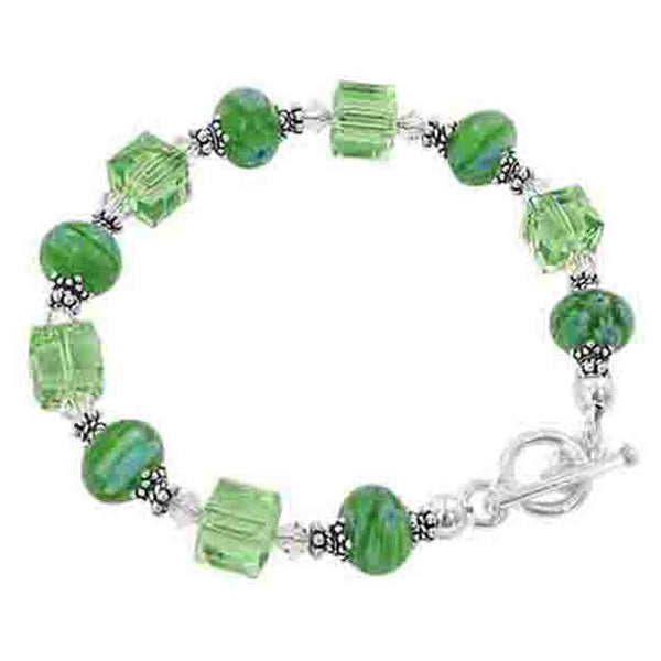 Green Millefiori Glass & Austrian Crystals 925 Sterling Silver Bracelet - Gem Avenue