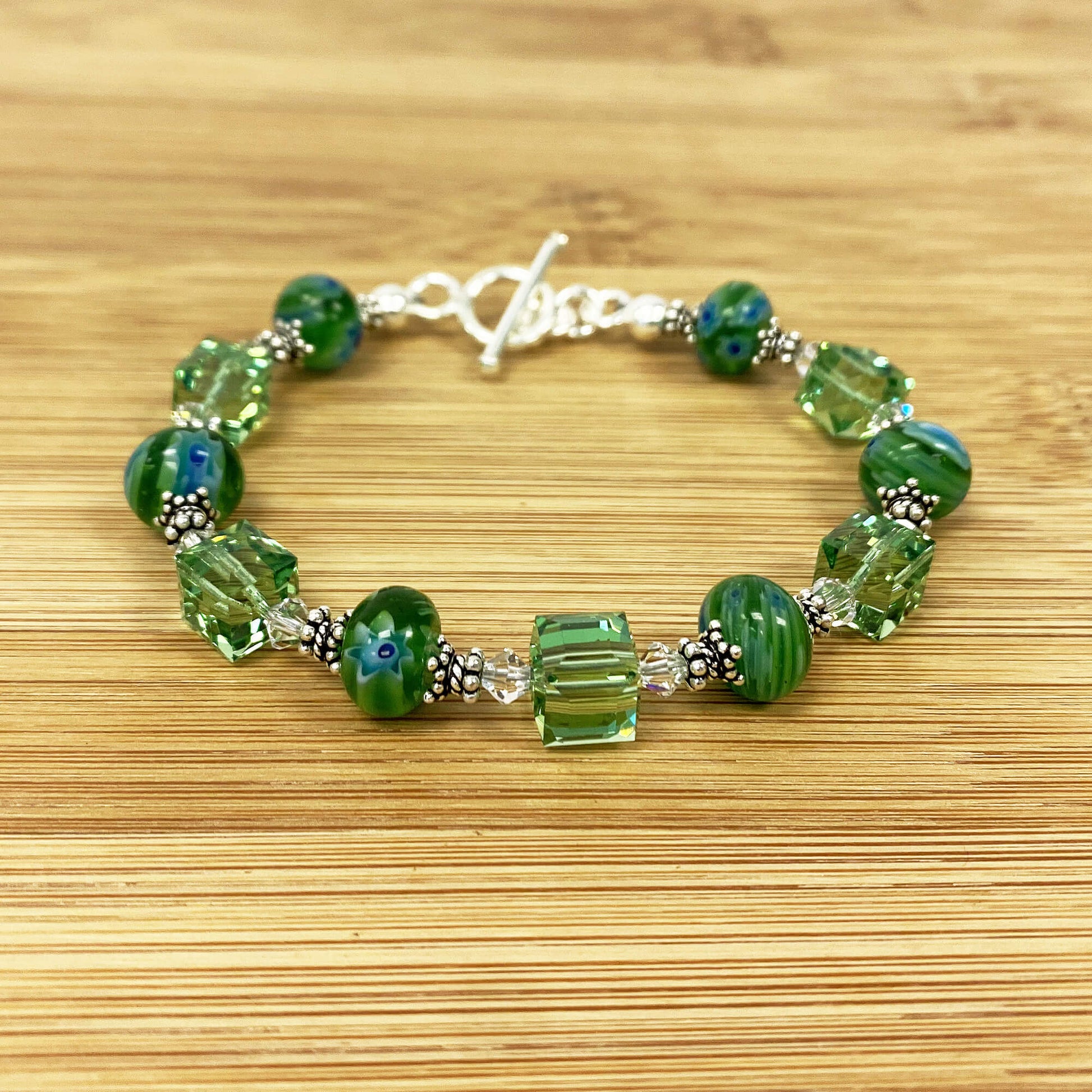 Green Millefiori Glass & Austrian Crystals 925 Sterling Silver Bracelet - Gem Avenue
