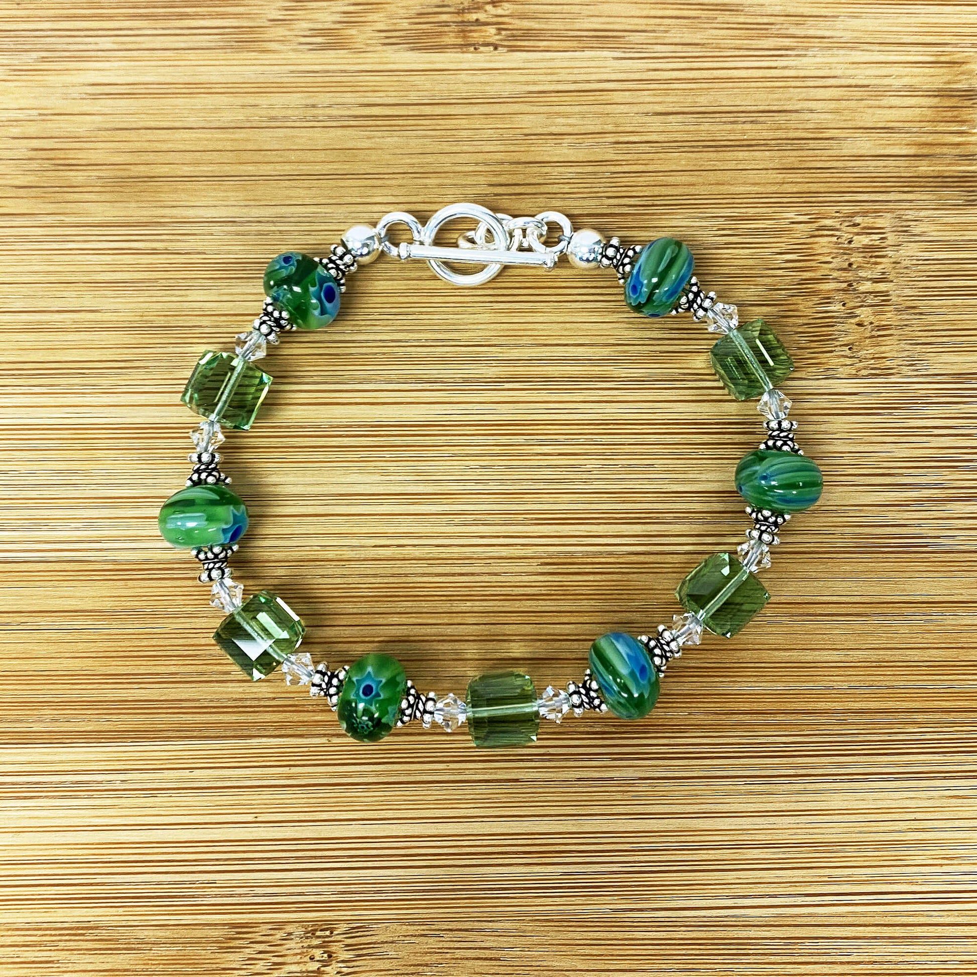 Green Millefiori Glass & Austrian Crystals 925 Sterling Silver Bracelet - Gem Avenue