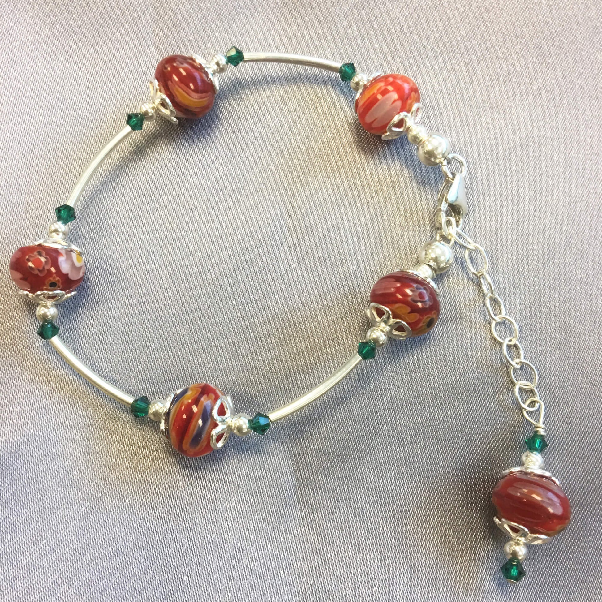 Red Millefiori Glass Green Austrian Crystals 925 Sterling Silver Bracelet - Gem Avenue