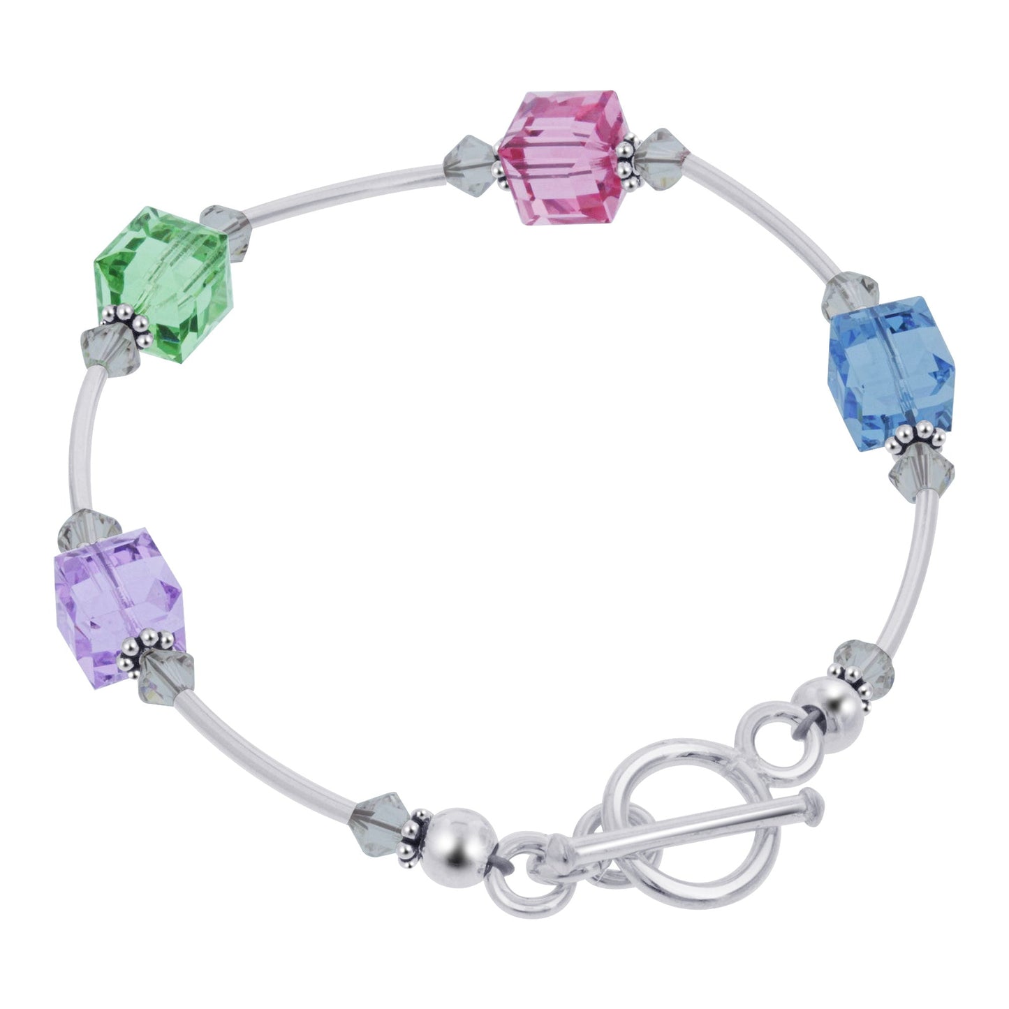 Sterling Silver 7.5 inch Bracelet with Cube Shape Austrian Crystals