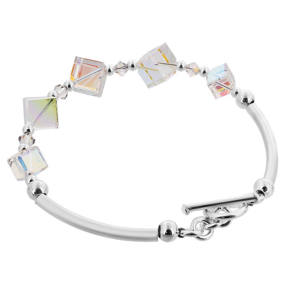 Sterling Silver 7 inch Bracelet with Diagonal Shaped Austrian Crystals