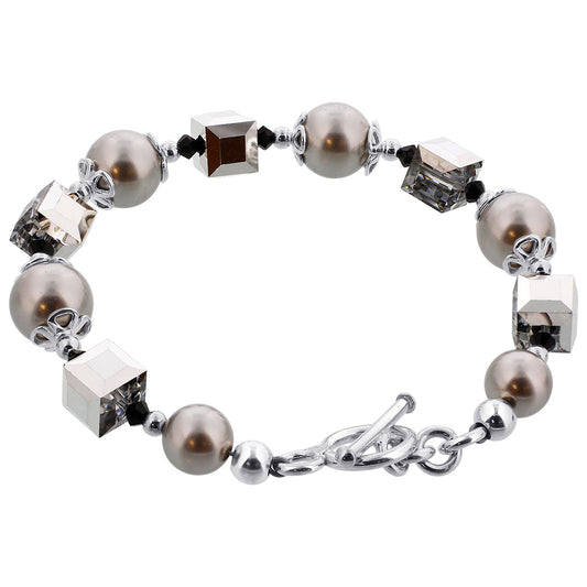 Round Faux Pearl & Cube Austrian Crystals 925 Sterling Silver Bracelet - Gem Avenue