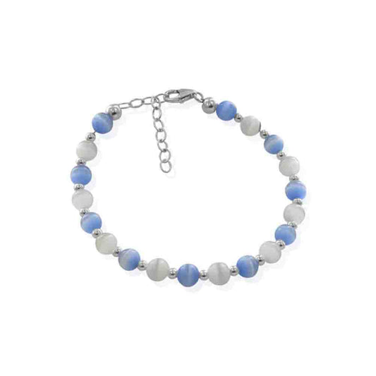 .925 Silver with Silver Beads 7 inch Handmade 6mm Cat's Eye Bracelet
