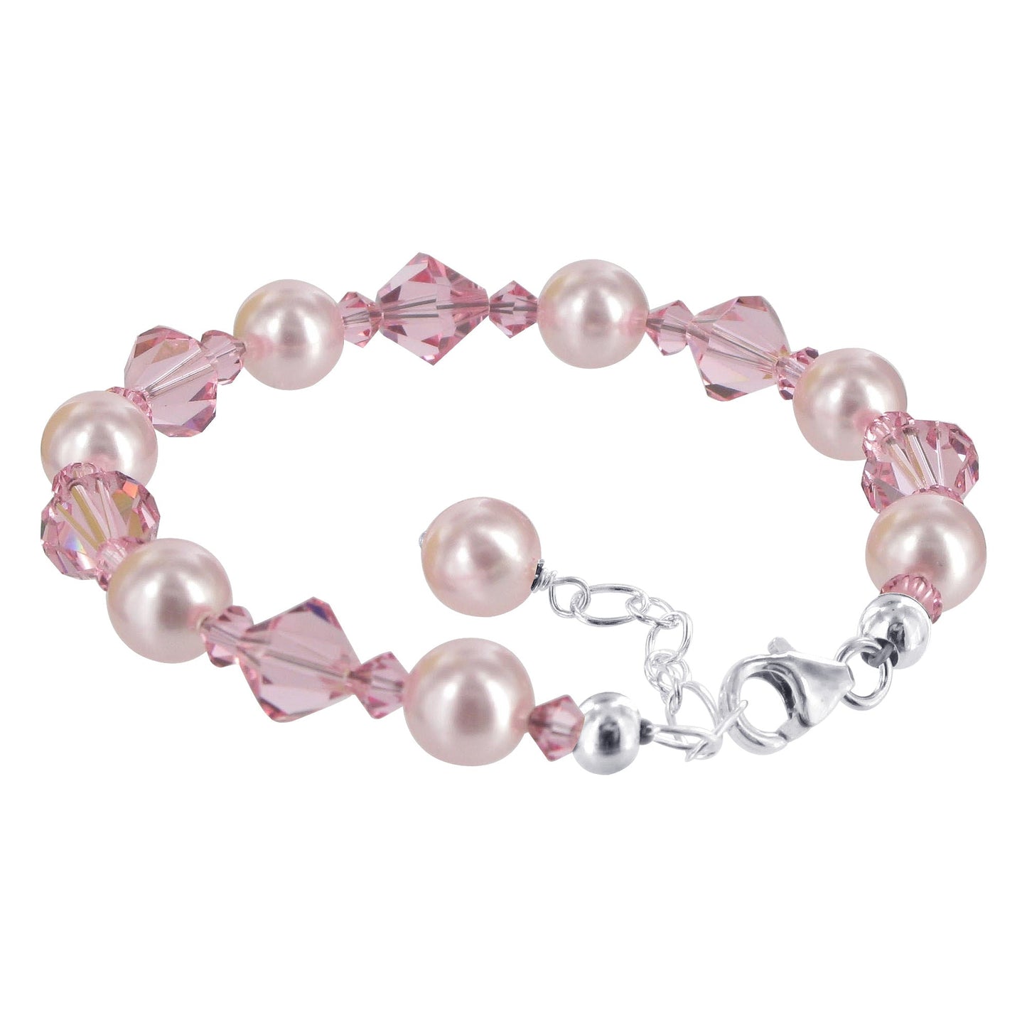 .925 Silver 7 inch Bracelet with 6mm Faux Pearl and Austrian Crystals