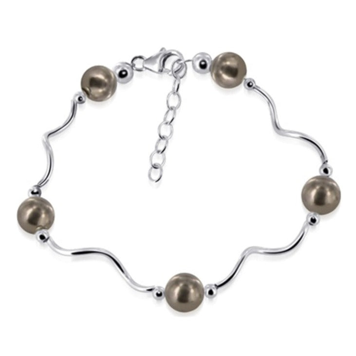 8mm Bronze Austrian Faux Pearl 7 inch Sterling Silver Wavy Bracelet - Gem Avenue