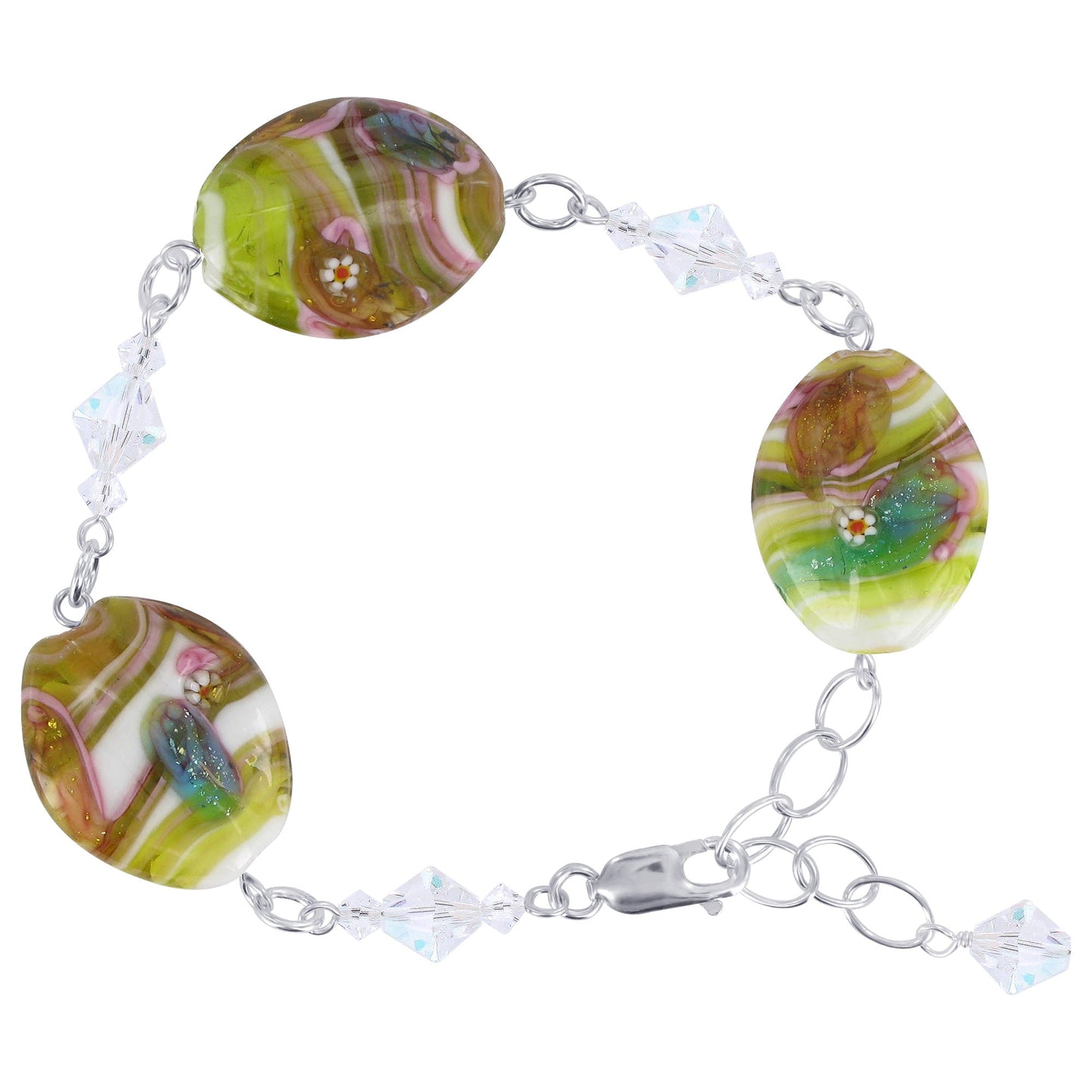 .925 Silver 7 to 8.5 Inch Adjustable Bracelet with Millefiori Glass Beads and Austrian Crystals