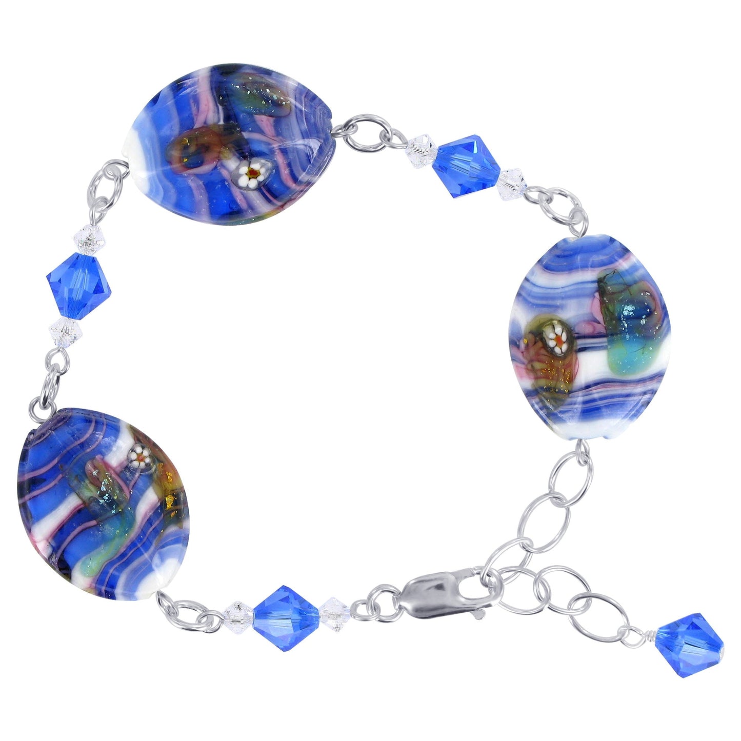 .925 Silver 7 to 8.5 Inch Adjustable Bracelet with Millefiori Glass Beads and Austrian Crystals