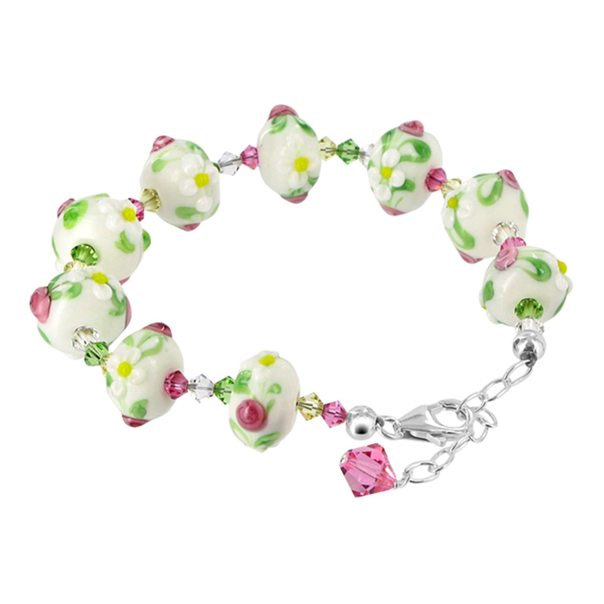 Floral Design Sterling Silver Glass with Austrian Crystals Bracelet - Gem Avenue