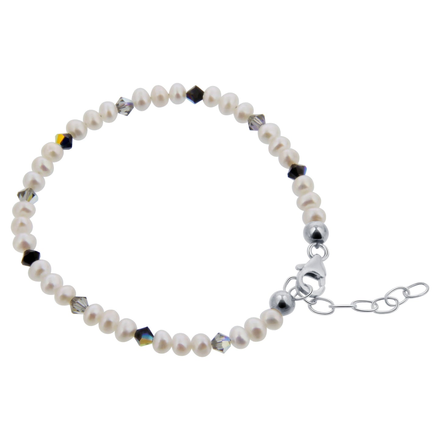 .925 Silver 7 to 8 inch Adjustable Bracelet with Faux Pearls and Austrian Crystals