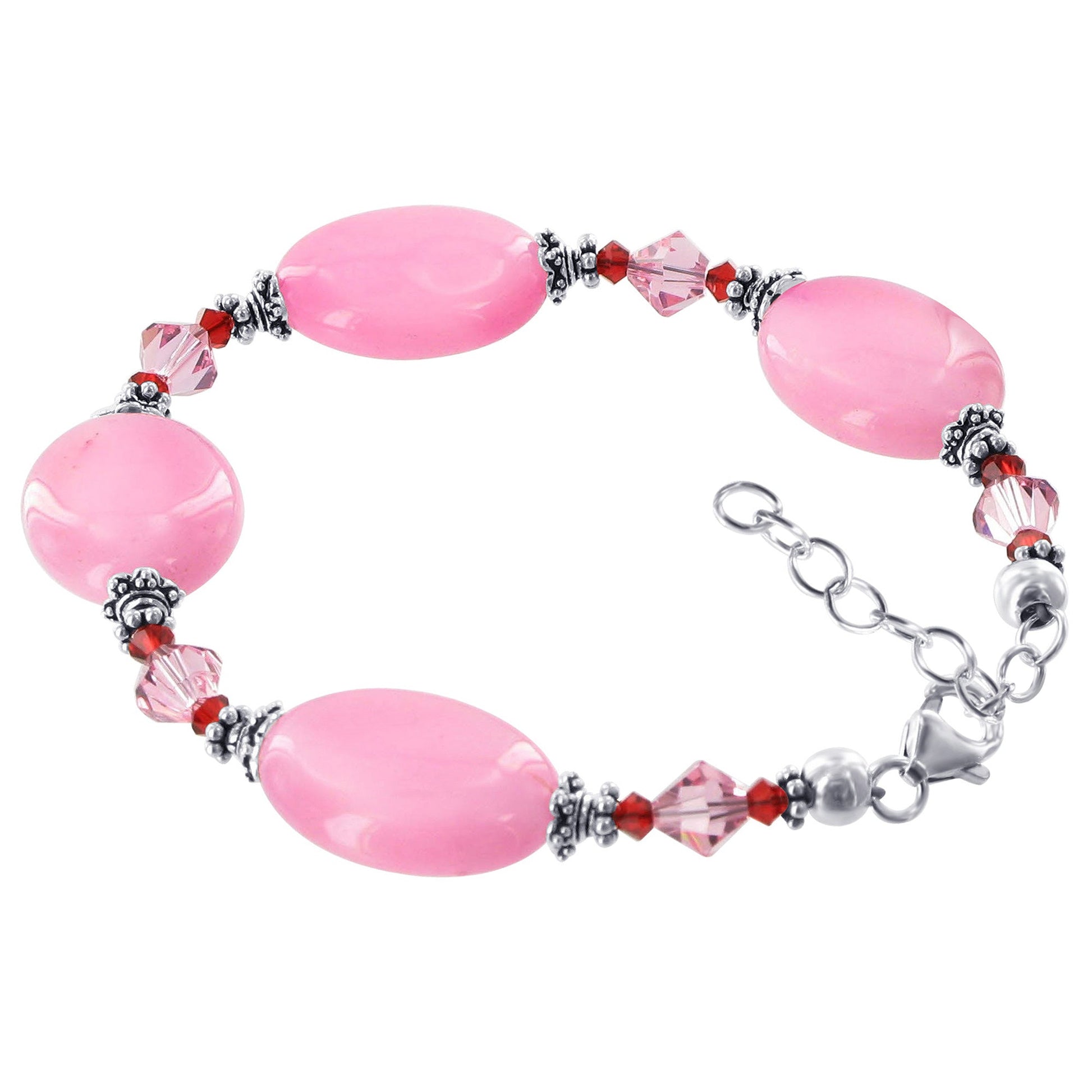Oval Pink Glass Beads Sterling Silver Austrian Crystals Bracelet - Gem Avenue