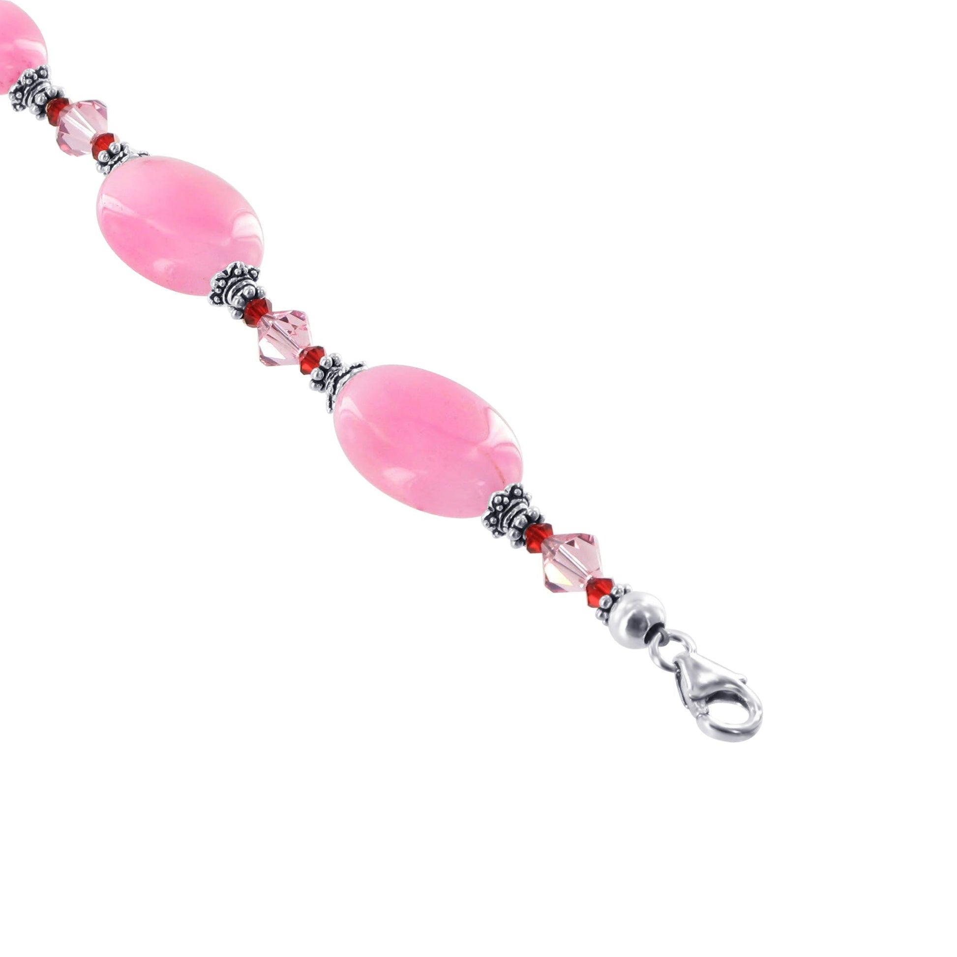 Oval Pink Glass Beads Sterling Silver Austrian Crystals Bracelet - Gem Avenue
