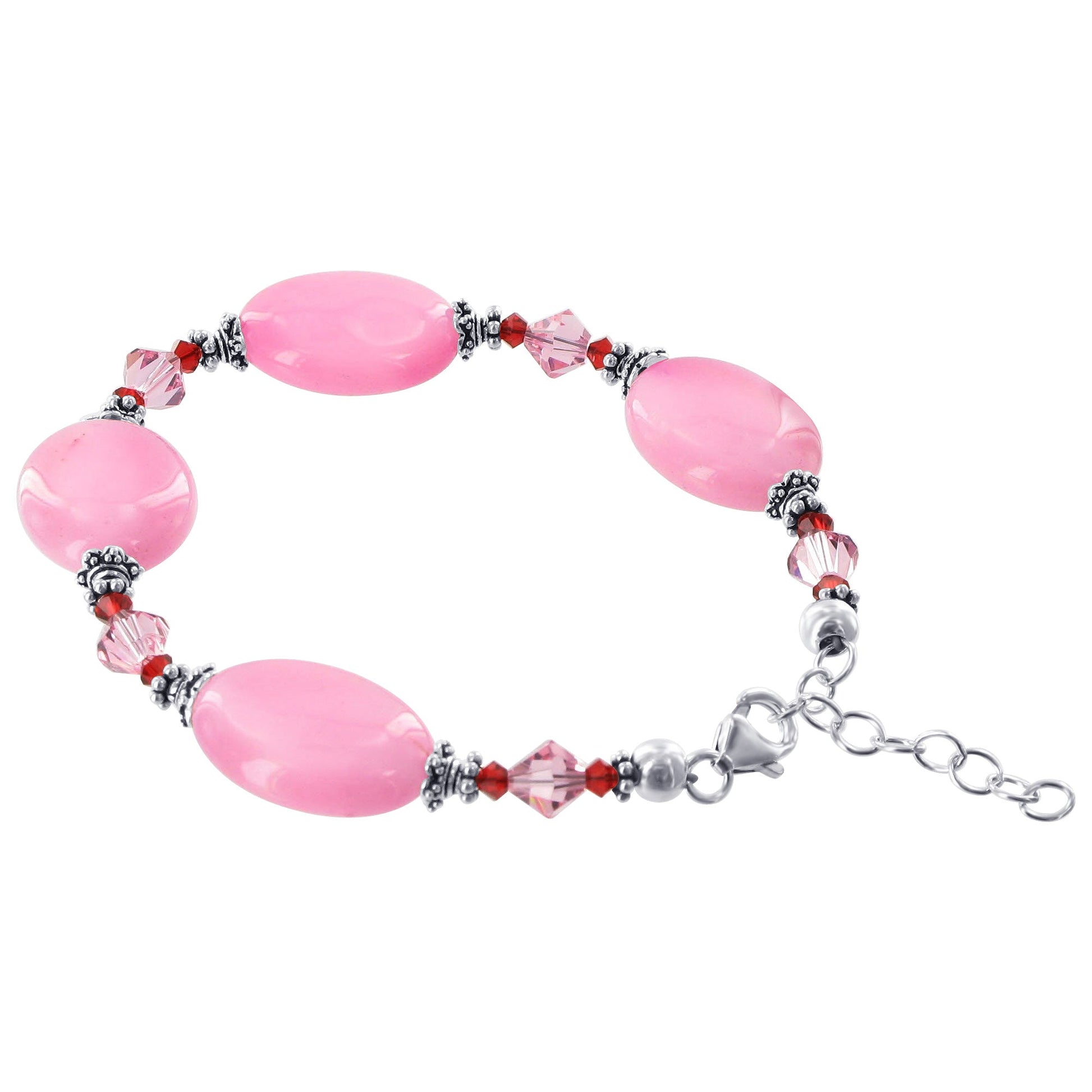 Oval Pink Glass Beads Sterling Silver Austrian Crystals Bracelet - Gem Avenue