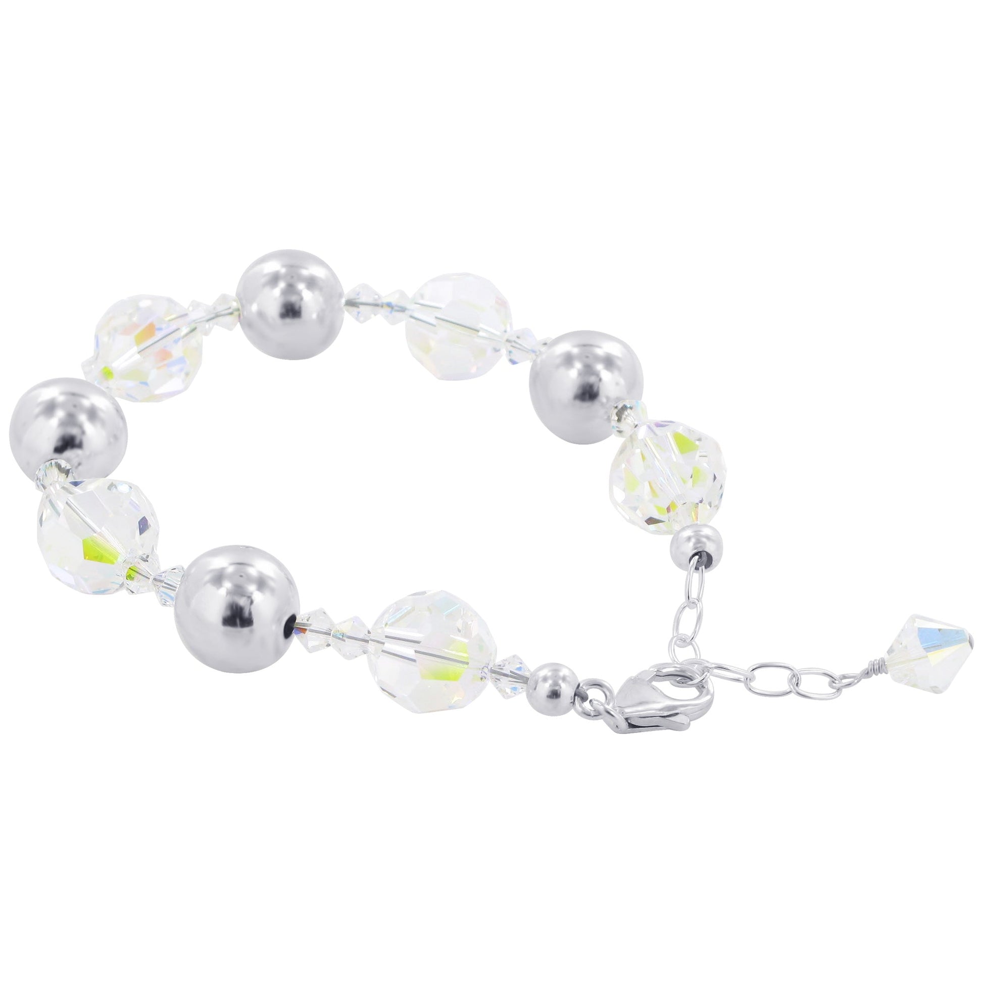 925 Sterling Silver Bicone Beads & Clear AB Austrian Crystals Bracelet 7 to 8 inch - Gem Avenue