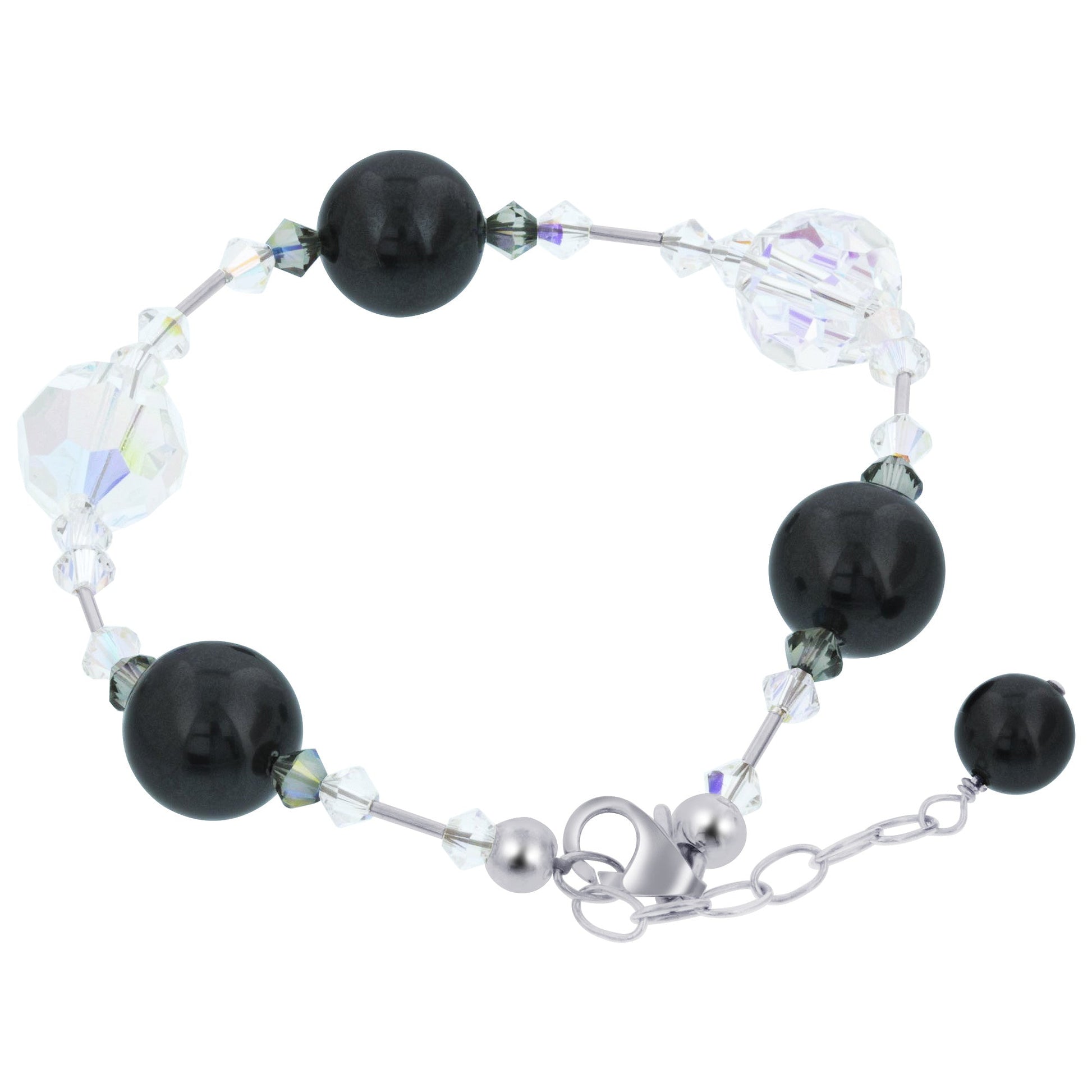 Round Black Faux Pearl with Austrian Crystals 925 Sterling Silver Black Adjustable Bracelet for Women- Gem Avenue