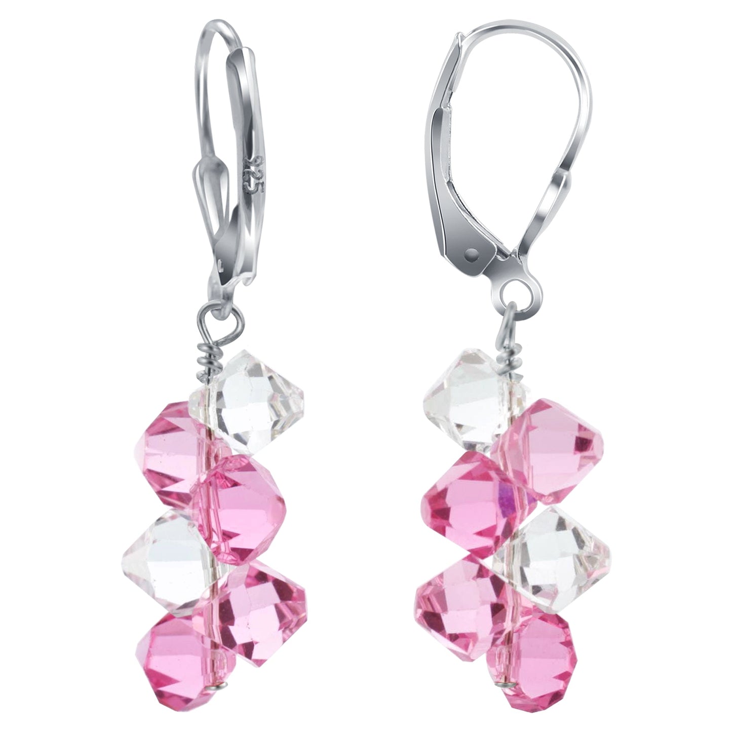 Clear and Pink Austrian Crystals 925 Sterling Silver Leverback Earrings - Gem Avenue