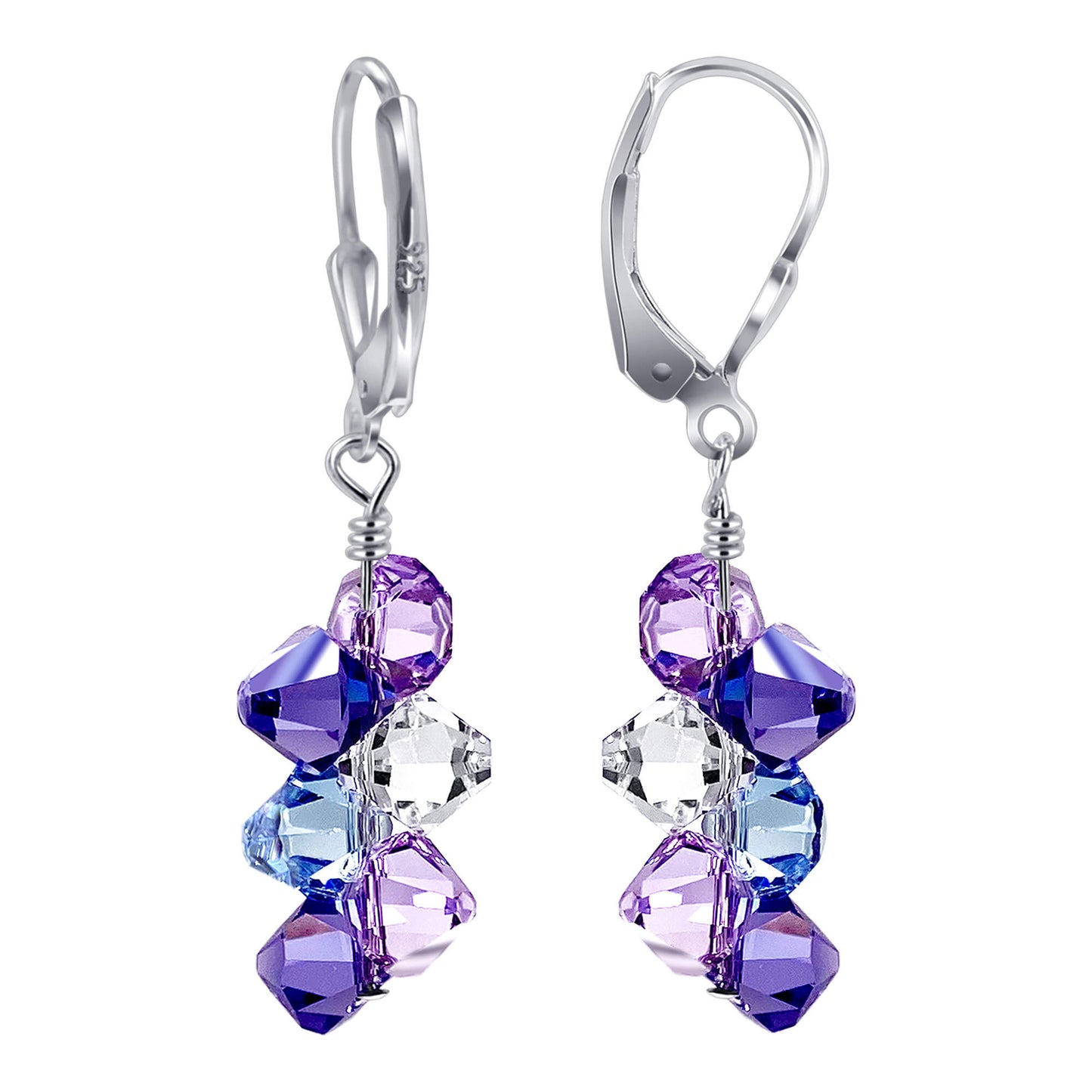 Blue Lavender and Clear Austrian Crystals 925 Sterling Silver Leverback Earrings - Gem Avenue