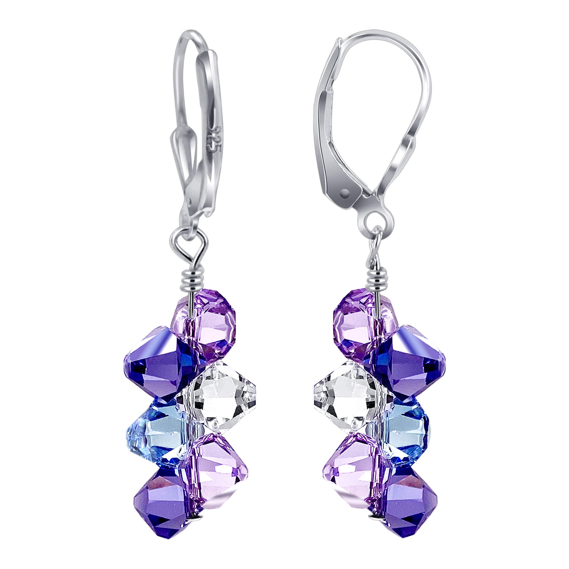 Blue Lavender and Clear Austrian Crystals 925 Sterling Silver Leverback Earrings - Gem Avenue