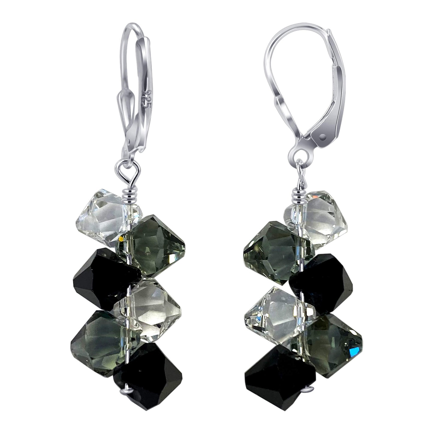 Clear and Black AB Austrian Crystals 925 Sterling Silver Leverback Earrings - Gem Avenue