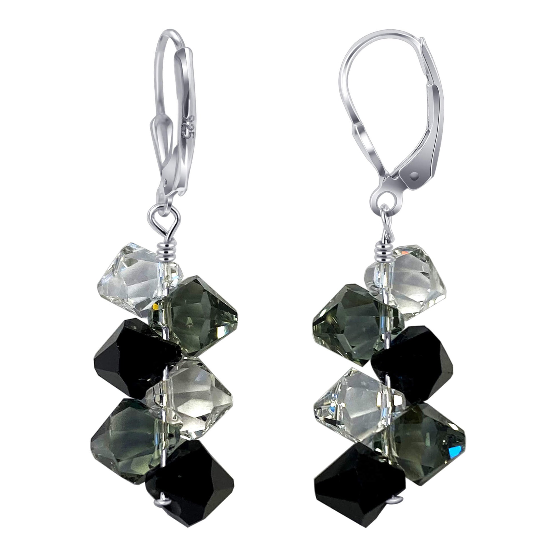 Clear and Black AB Austrian Crystals 925 Sterling Silver Leverback Earrings - Gem Avenue