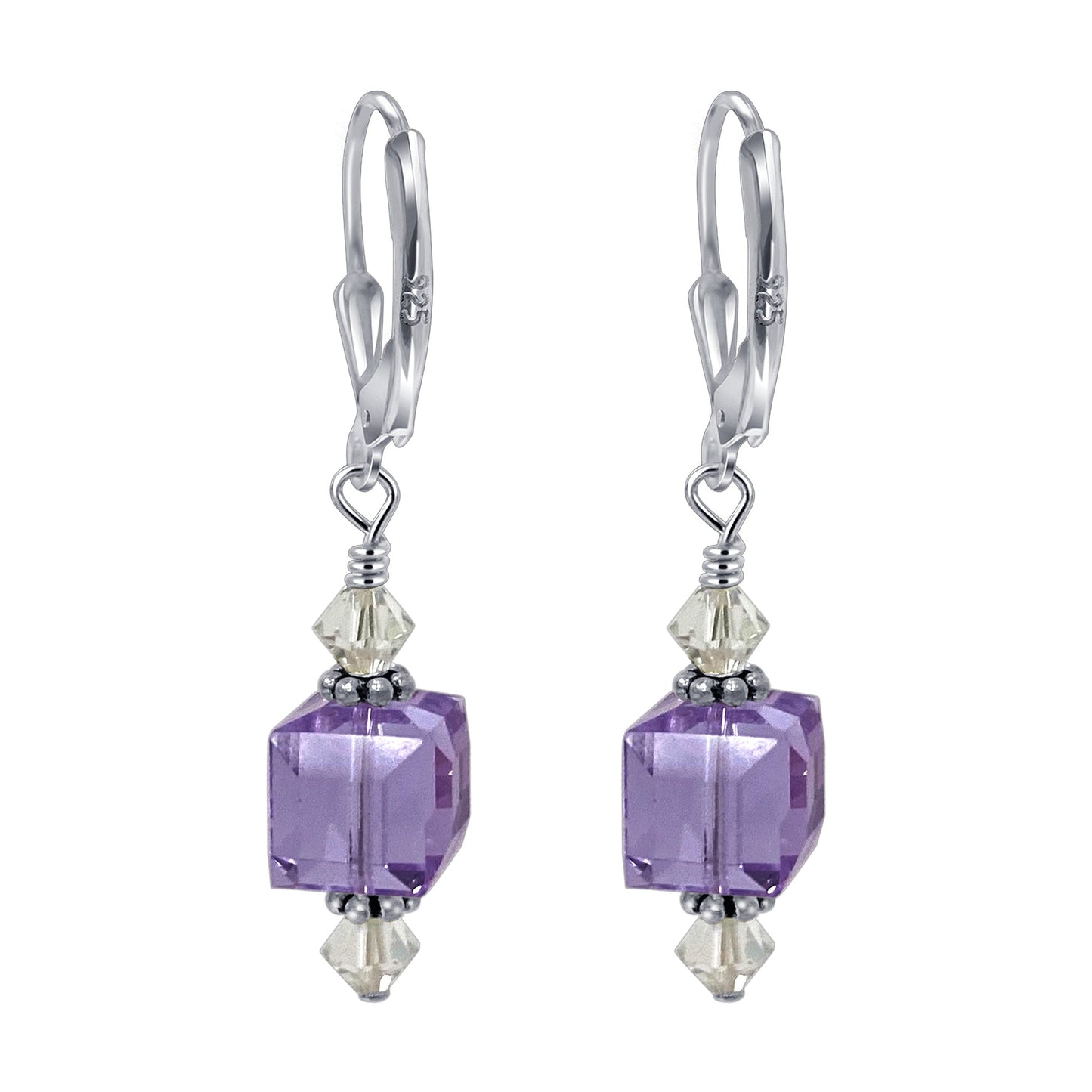 .925 Silver Drop Earrings with Faceted Cube and Bicone Austrian Crystals