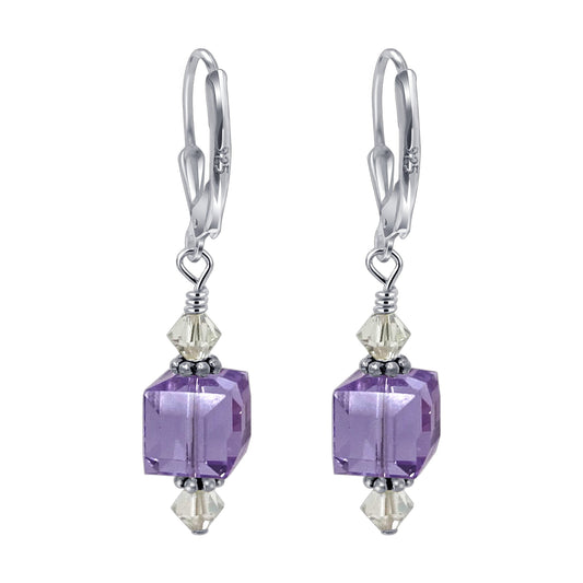 .925 Silver Drop Earrings with Faceted Cube and Bicone Austrian Crystals
