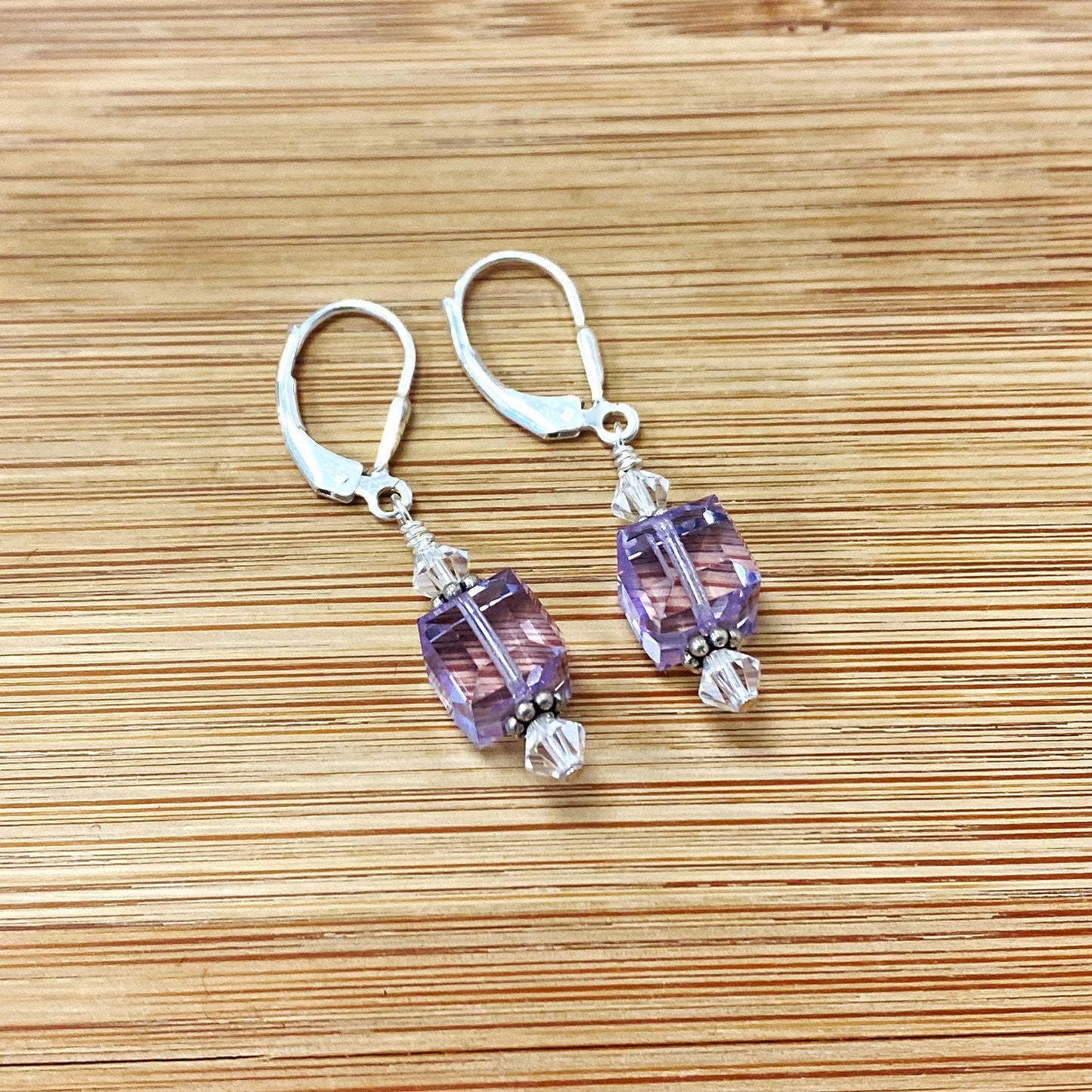.925 Silver Drop Earrings with Faceted Cube and Bicone Austrian Crystals